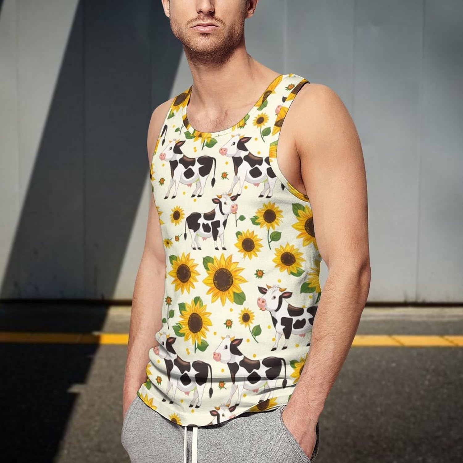Cow with Sunflower Men's Tank Top Sleeveless Muscle Shirts Vest Beach T Shirts for Workout Gym