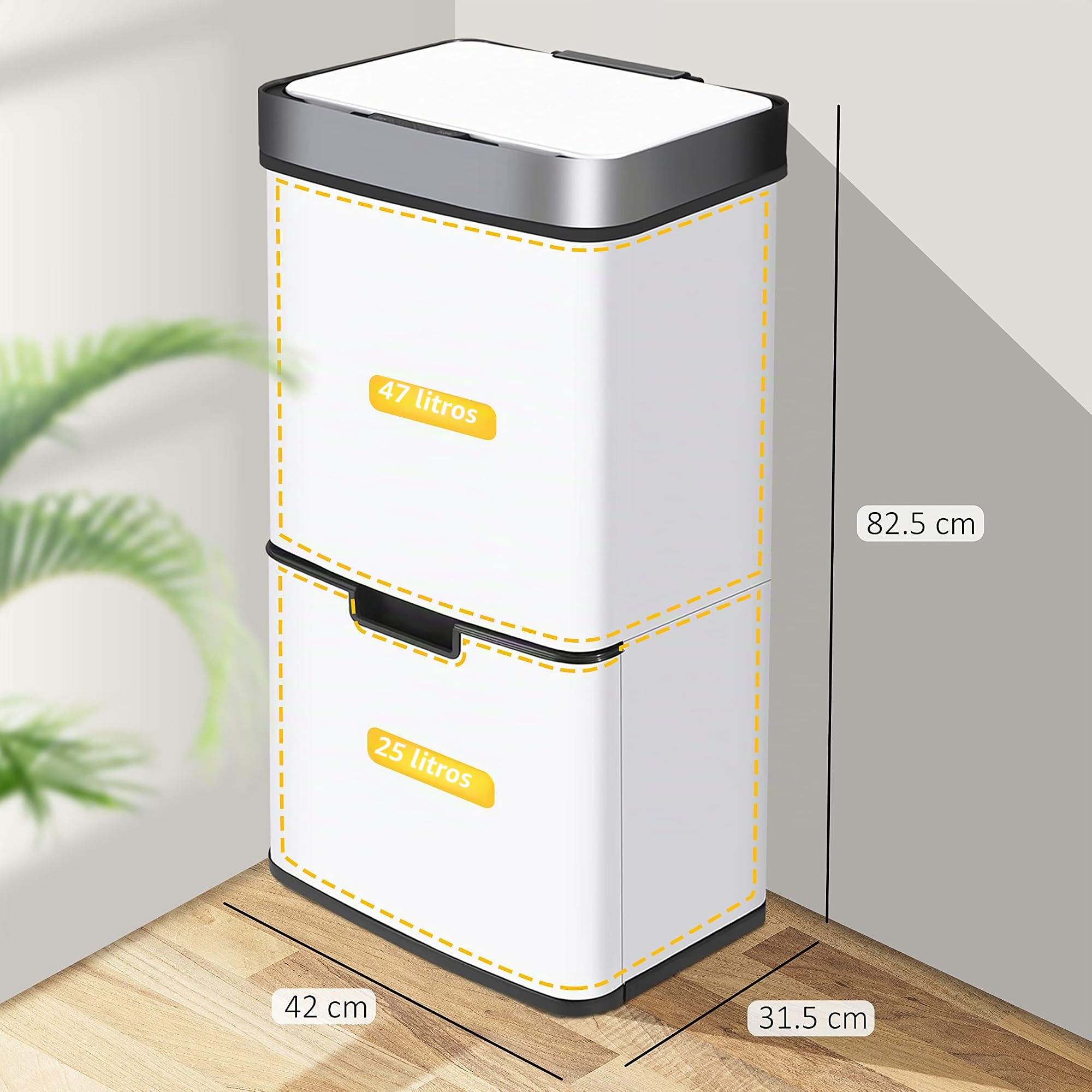 Ribelli Acero inoxidable – Sistemas de separación de basura con 3 + 1 compartimentos – Cubo de basura con sensor – 72 litros (2 x 12 + 1 x 48 L) – Cubo de basura de diseño de acero inoxidable – Blanco
