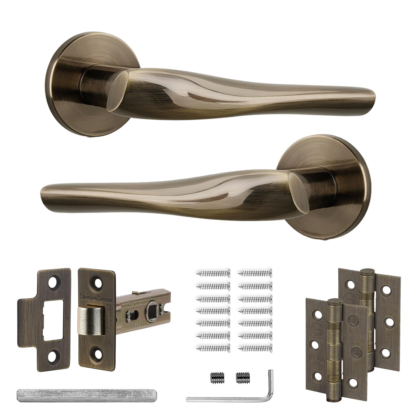 Decoranddecor Antique Brass Nanda Door Handles - Aluminium & Brass Sets For Wooden Interior Doors - Fire Rated Tubular Latch & Hinge