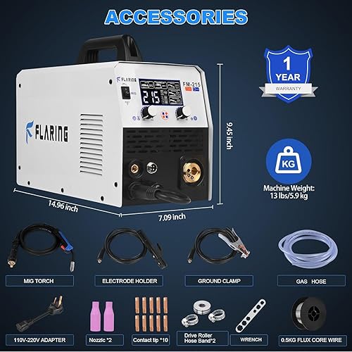 Miniatura 2 de FLARING Soldador MIG 215amp 6 EN 1 Máquina de Soldadura 120V/240V Núcleo de Flujo/Gas MIG/Electrodo/Elevación TIG/Soldadura por Puntos/Pistola de