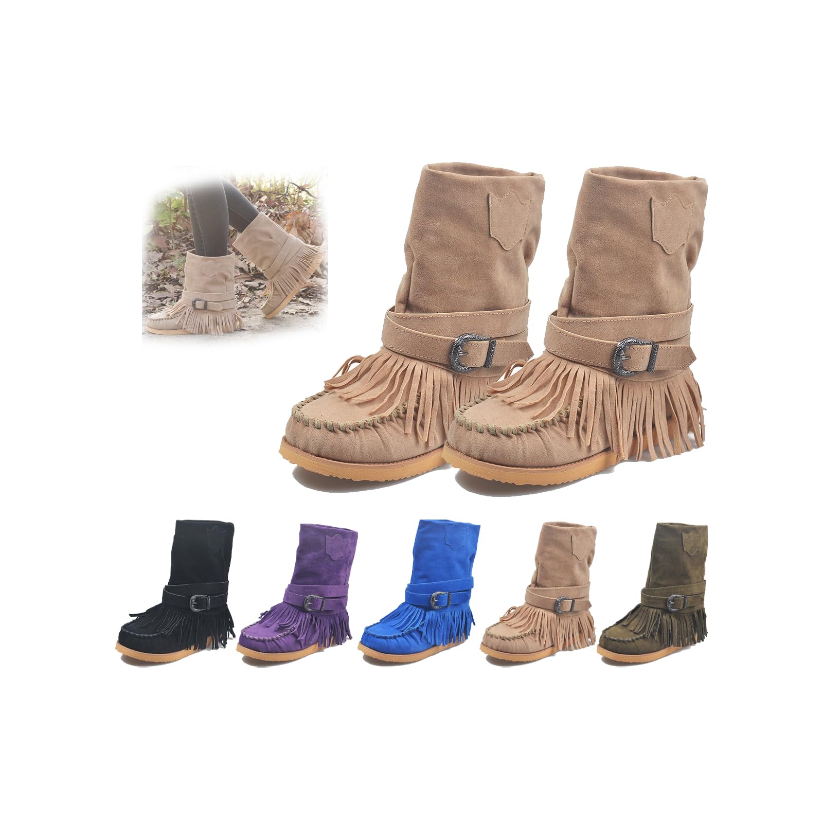 Cowboy Boots For Women Tassel Booties Vintage Boho Fringe Tassel Platform Chunky Heel Western Cowgirl Boots Fashion Suede