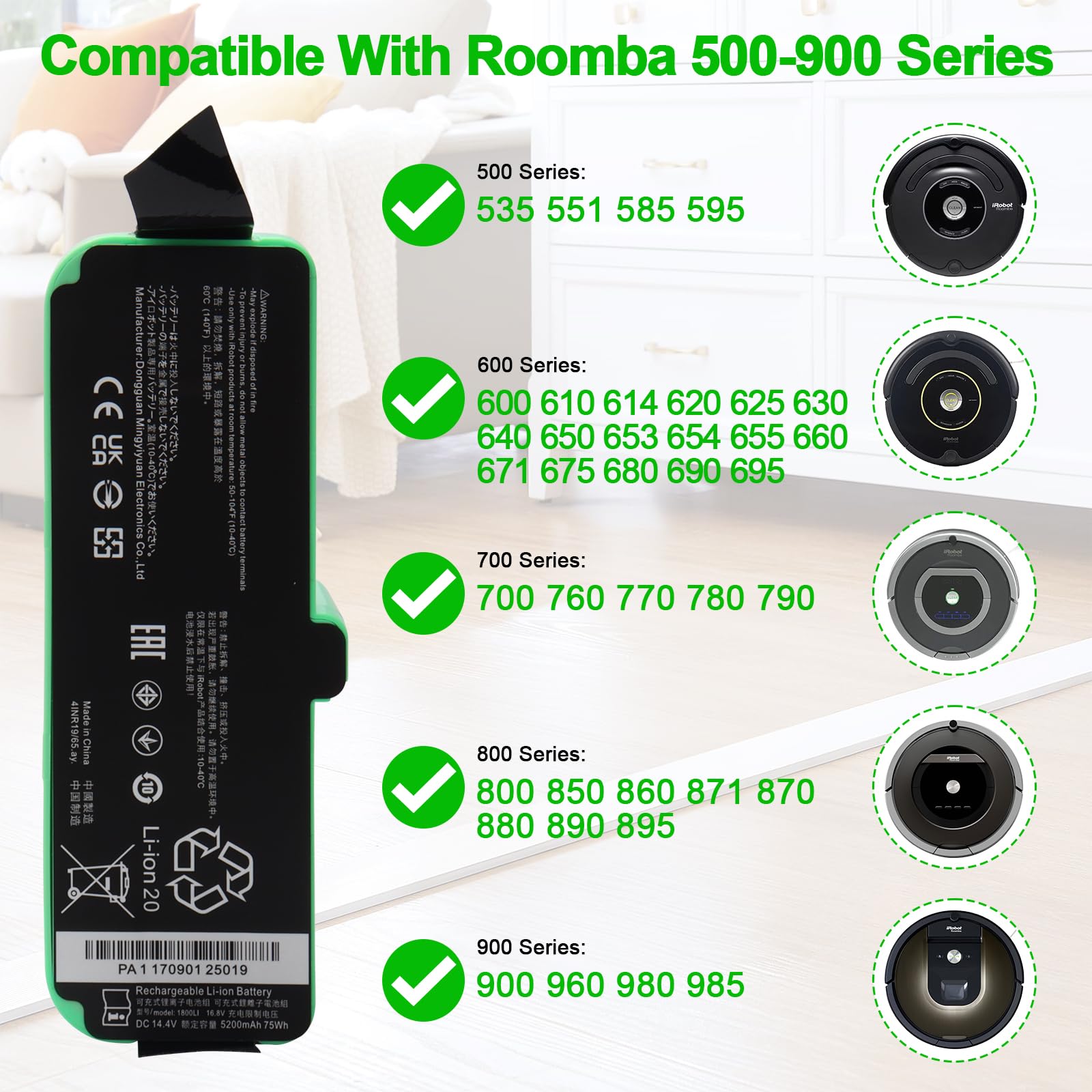 Batteria di ricambio agli ioni di litio 14,4 V 5200 mAh, compatibile con iRobot Roomba 980 960 985 801 850 860 870 880 890 891 895 770 780 790 640 650 655 670 671 675 680 690 685 Serie 520 521