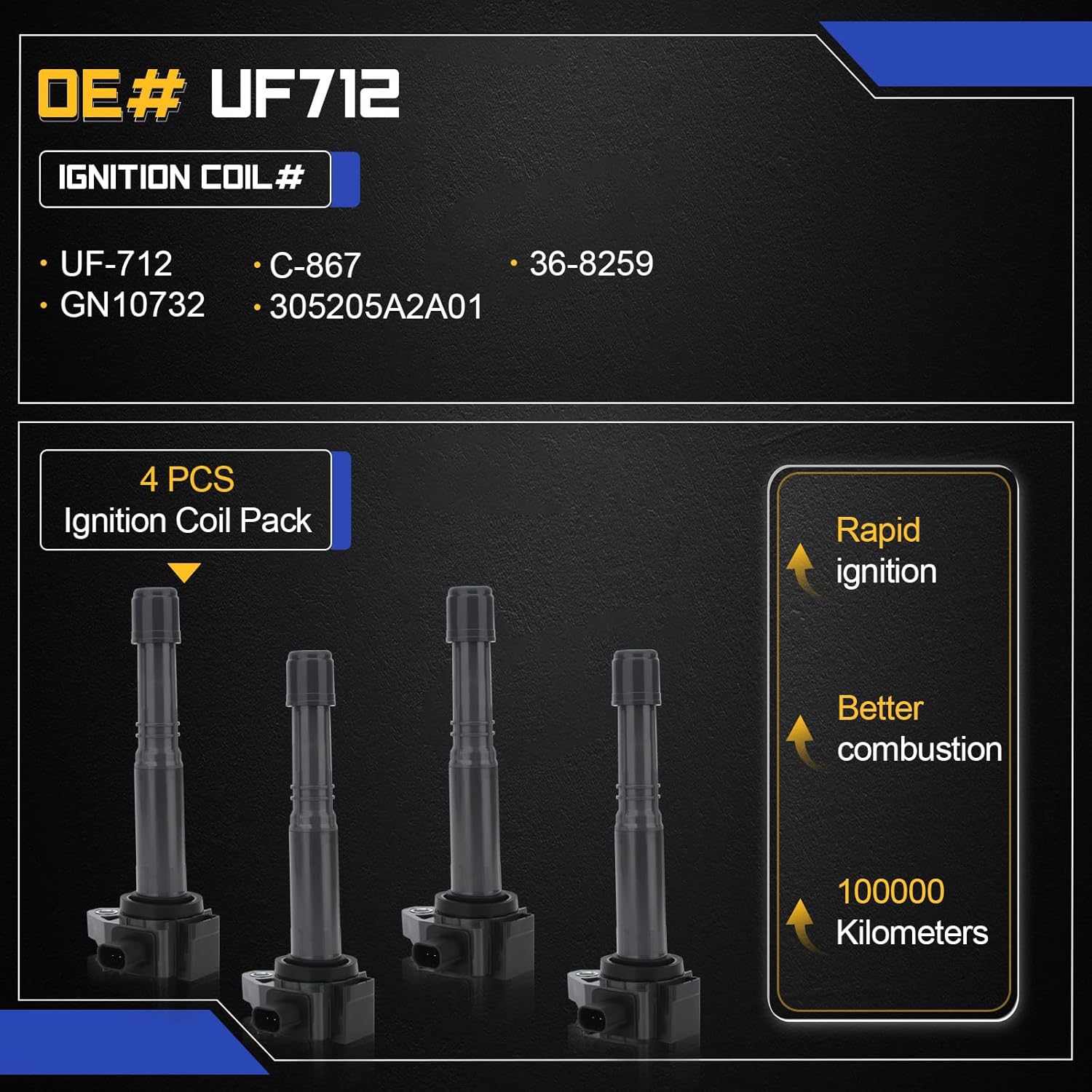 UF712 Ignition Coil Packs For 2013-2017 Honda Accord, 2015-2019 CR-V /2015-2017 Acura TLX, 2016-2020 Acura ILX L4 2.4L Replaces# GN10732, C-867, 305205A2A01, 36-8259