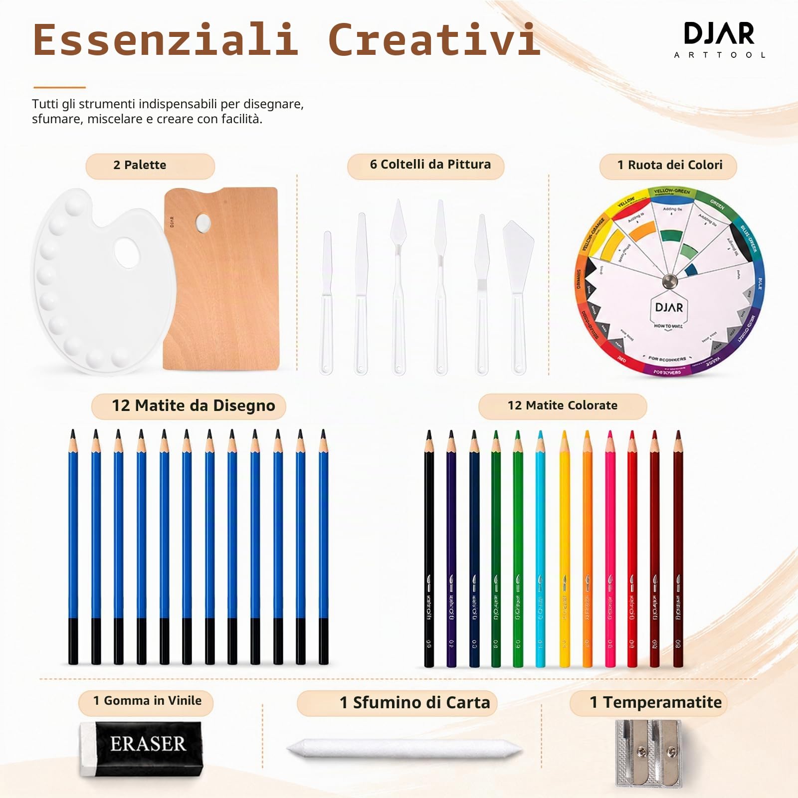 DJAR Set di Pittura 169 pz con Cavalletto Francese, Kit Artistico Completo per Principianti e Professionisti, Colori Acrilici, Acquerelli e Olio