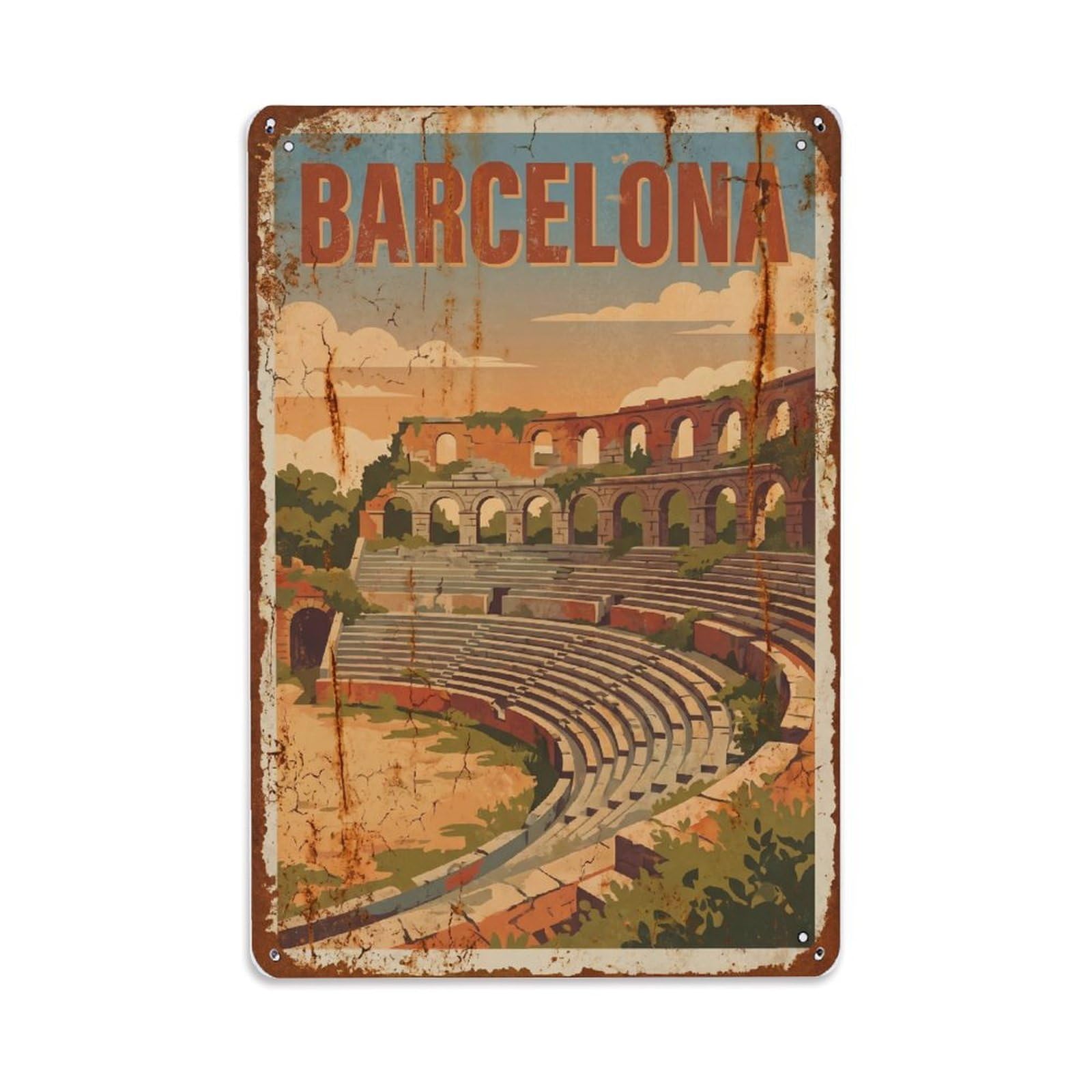 Vintage Travel Amphitheaters Spain Ancient Metal Tin Sign Plaque Wall Decor for Cafe, Club Bar, Office, Home Garden Metal Poster 8x12Inch