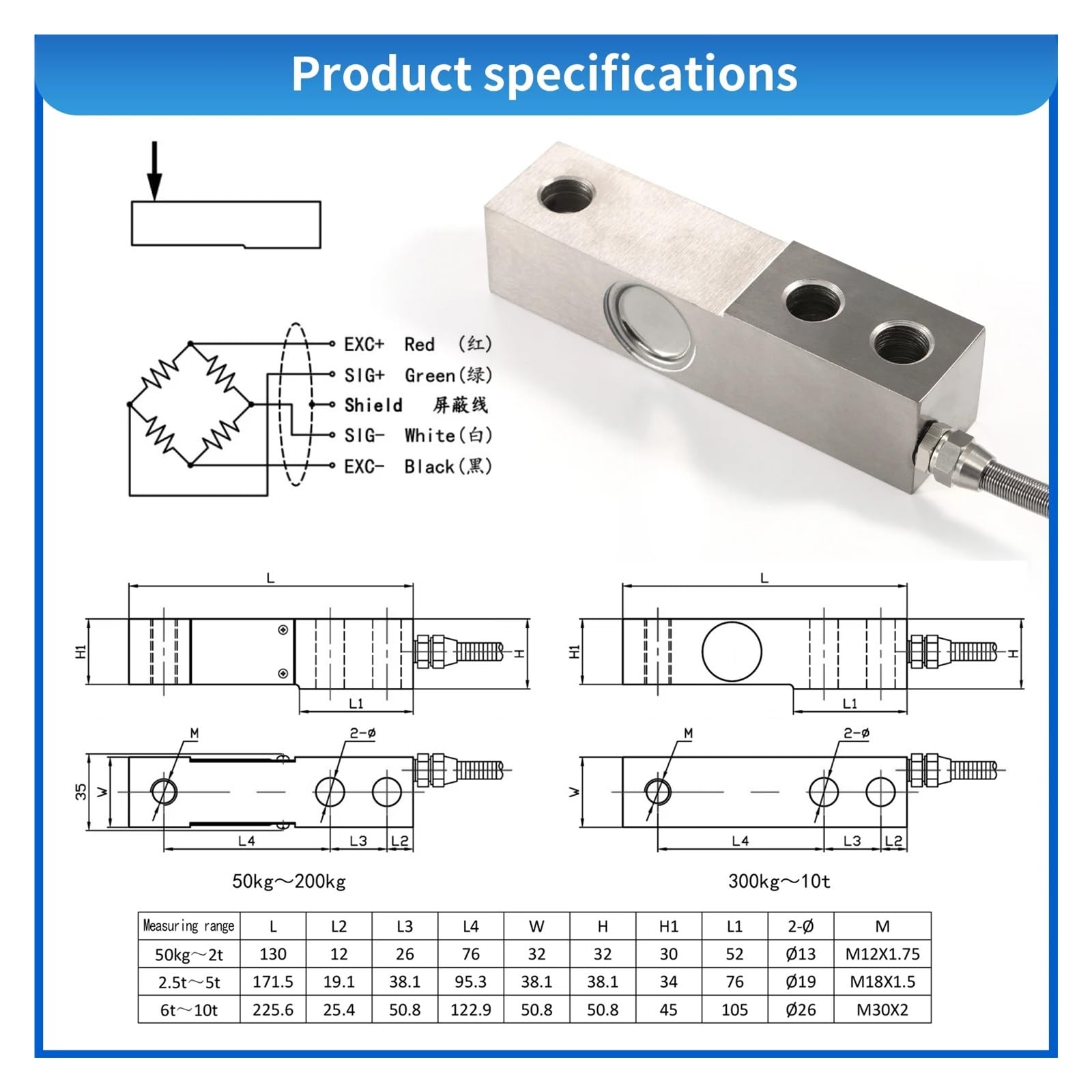Balken-Wägezelle for Plattformwaagen mit Wiegebeinen, Test-Kompressionskraft, Gewichtsdrucksensor for Waage Hohe Empfindlichkeit(Range 0-3T)