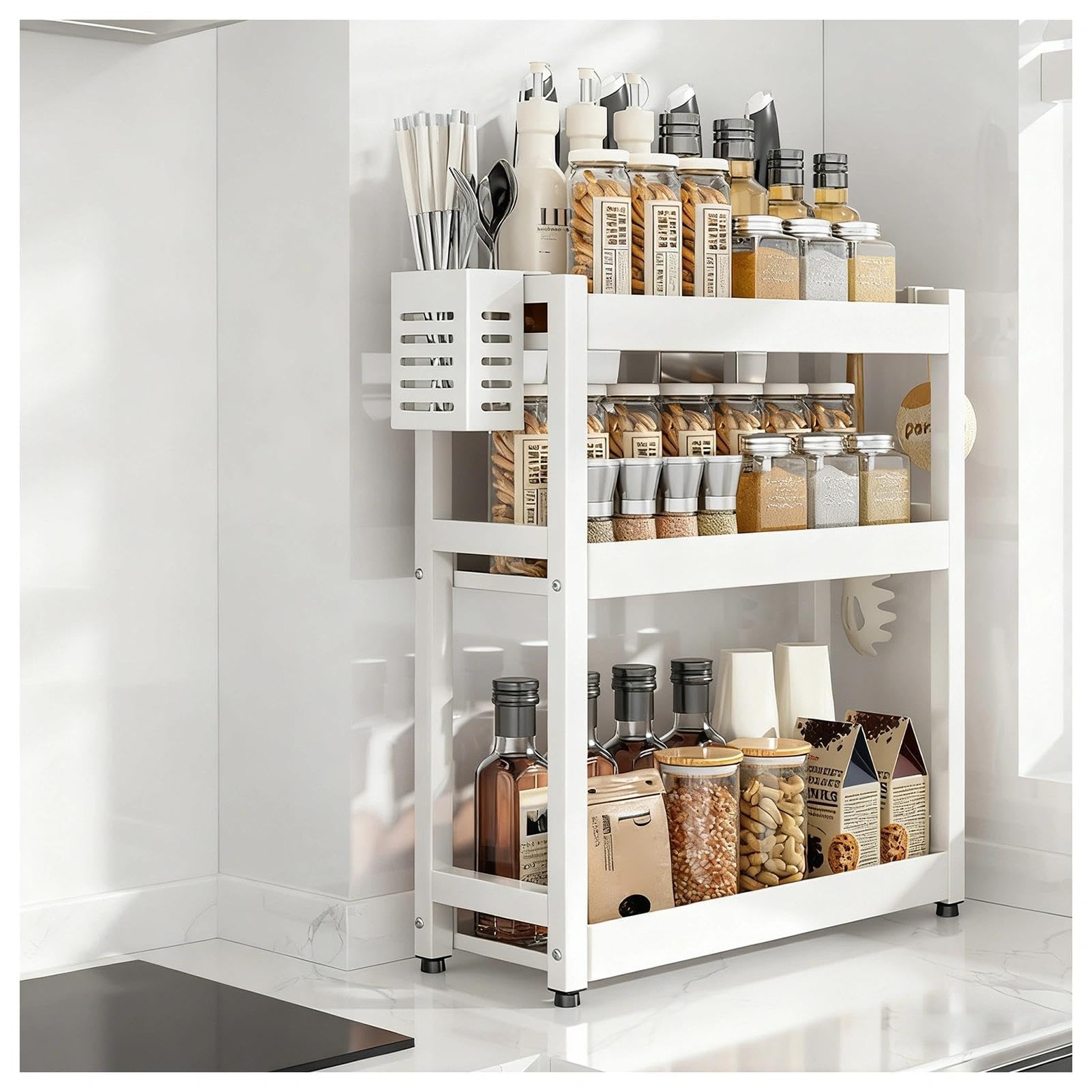 GLJTUO 3-Tier Spice Rack - Standing Desktop Storage Shelf with Hooks & Utensil Holder - Kitchen & Bathroom nization - White, 50cm Countertop Solution for Pantry Storage (White 3,White-3 Tier-50cm
