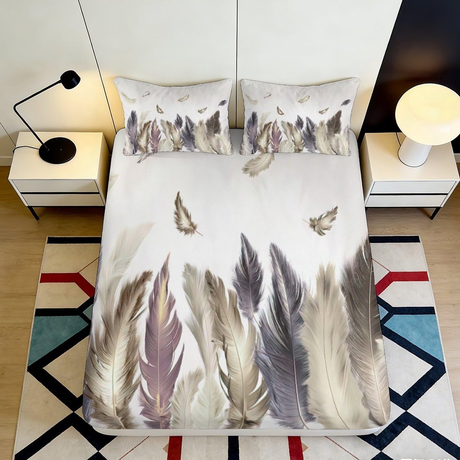 3D Printed Feather Pattern Fitted Sheet Microfiber Soft Neutral Tones Bed Cover for Bedroom Dorm Mattress Protection Decor 90x200x25cm