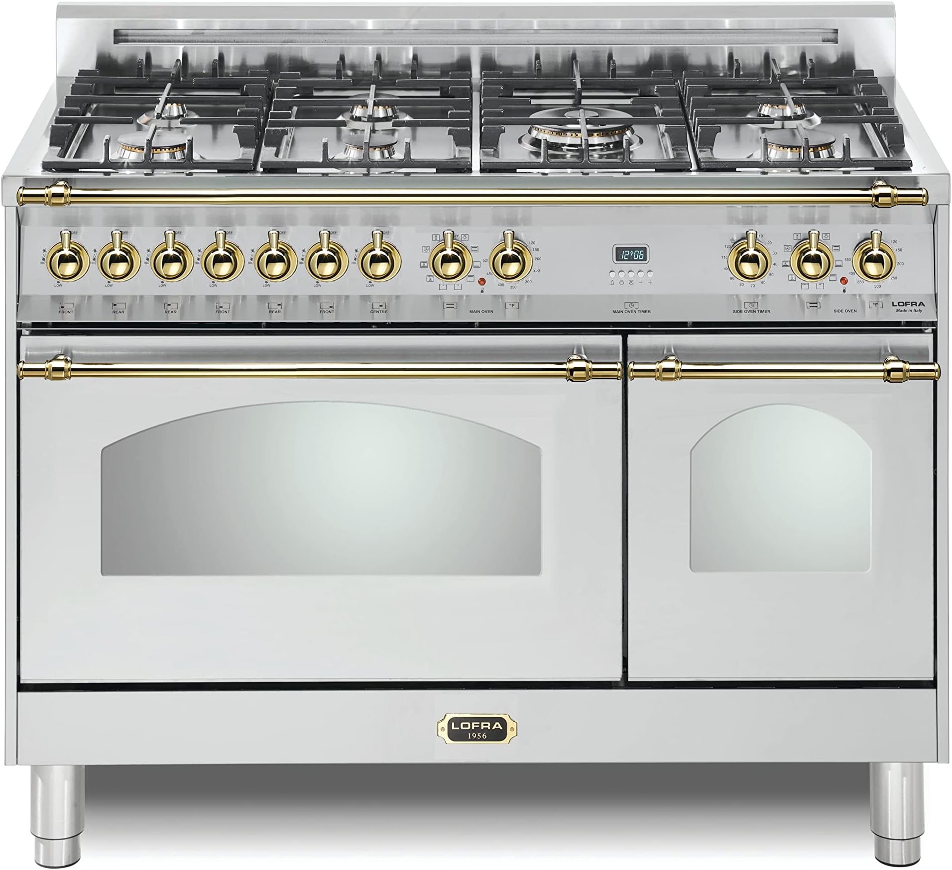 Lofra DolceVita Series 48 Inch Range Freestanding Dual Fuel Double Oven Stove, Cooktop 7 Sealed Brass Burners, Convection, 9 Cooking Modes, Stainless Steel, Knobs and Handrail In Brass