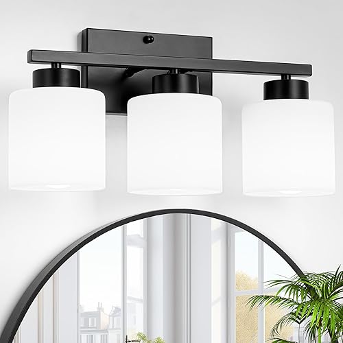 Lámpara de tocador de baño de 3 luces, lámpara de baño negra, luces modernas para baño con pantallas de vidrio blanco lechoso, accesorios de