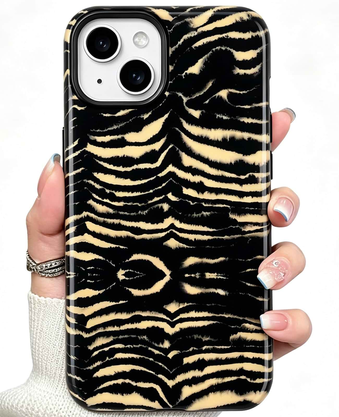 Compatible with iPhone 13/14 Case Stylish Zebra Tiger Animal Print Pattern Retro Square Phone Case Shockproof Double-Layer Drop-Resistant Protection (Zebra, iPhone 13/14) Striped