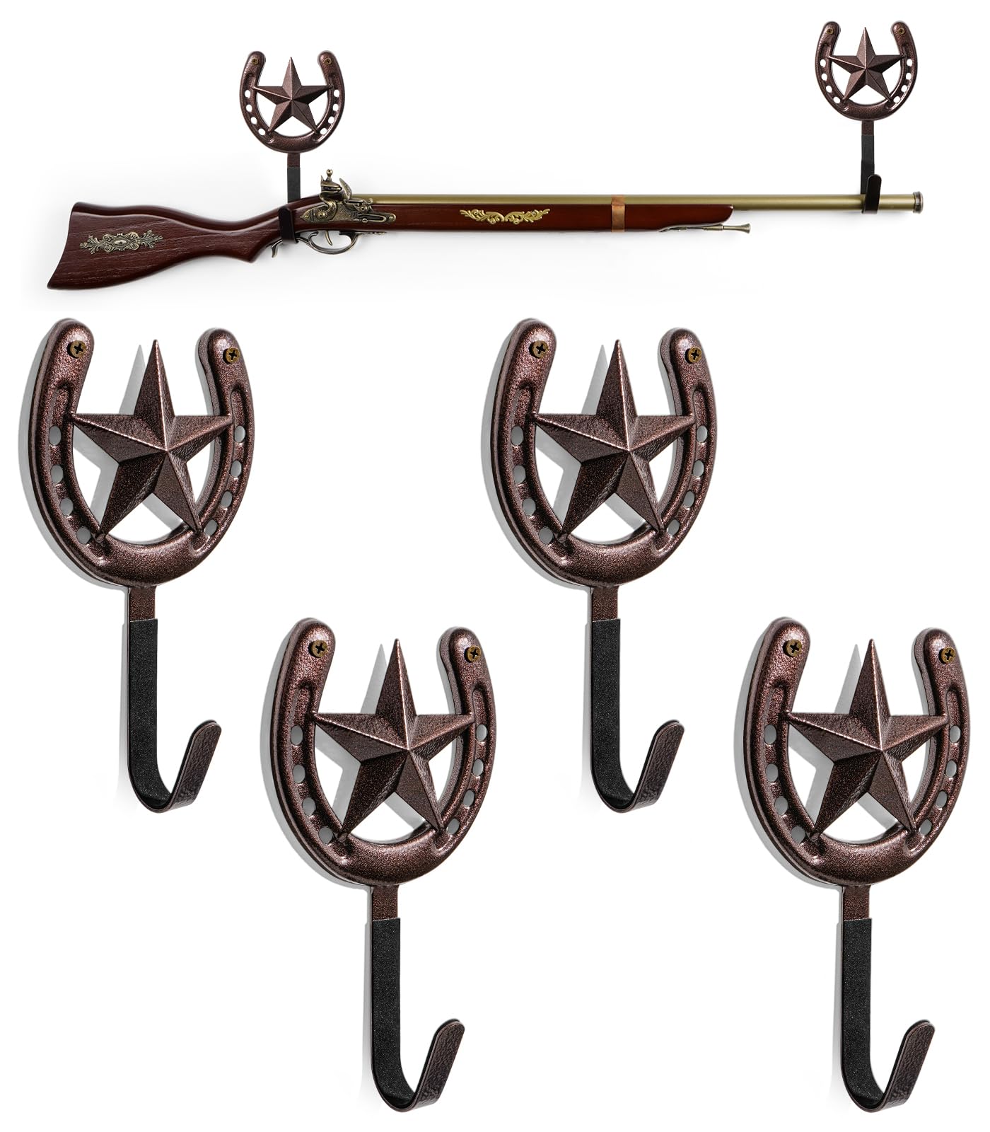 Adowes Gun Rack for Wall Western Shotgun Rifle Rack Wall Mount Metal Wall Gun Hanger Holder Display for Sword Bow Firearm Texas Star and Horseshoe