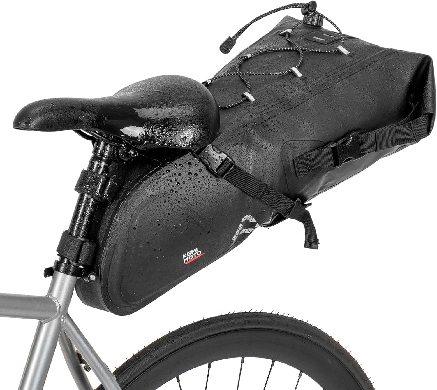 KEMIMOTO Bikepacking Bag, 13L-15L Expandable Bikepacking Pouch, Waterproof Saddle Pack with Air Release Valve for Bicycle, Road & E-Bike, Reflective Panel & Carry Handle