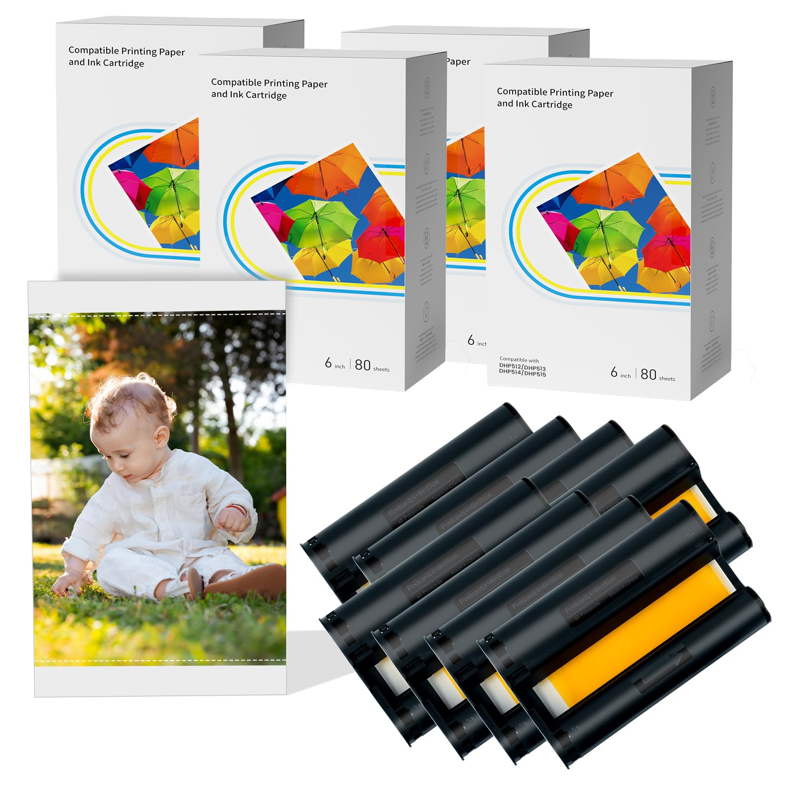 Compatible with Liene Amber M100/M110 4x6 320 Photo Papers+8 Ink Cartridges