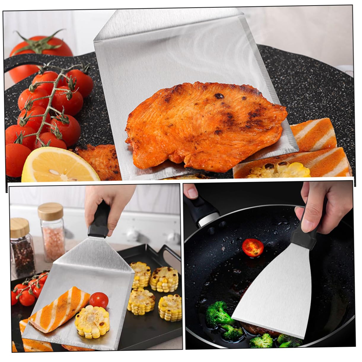 Set Utensili Barbecue 3 Pezzi in Acciaio Inossidabile | Impugnatura Pp, Pressa per Bistecca e Spatola, Uso Cucina e Burger Fai da Te