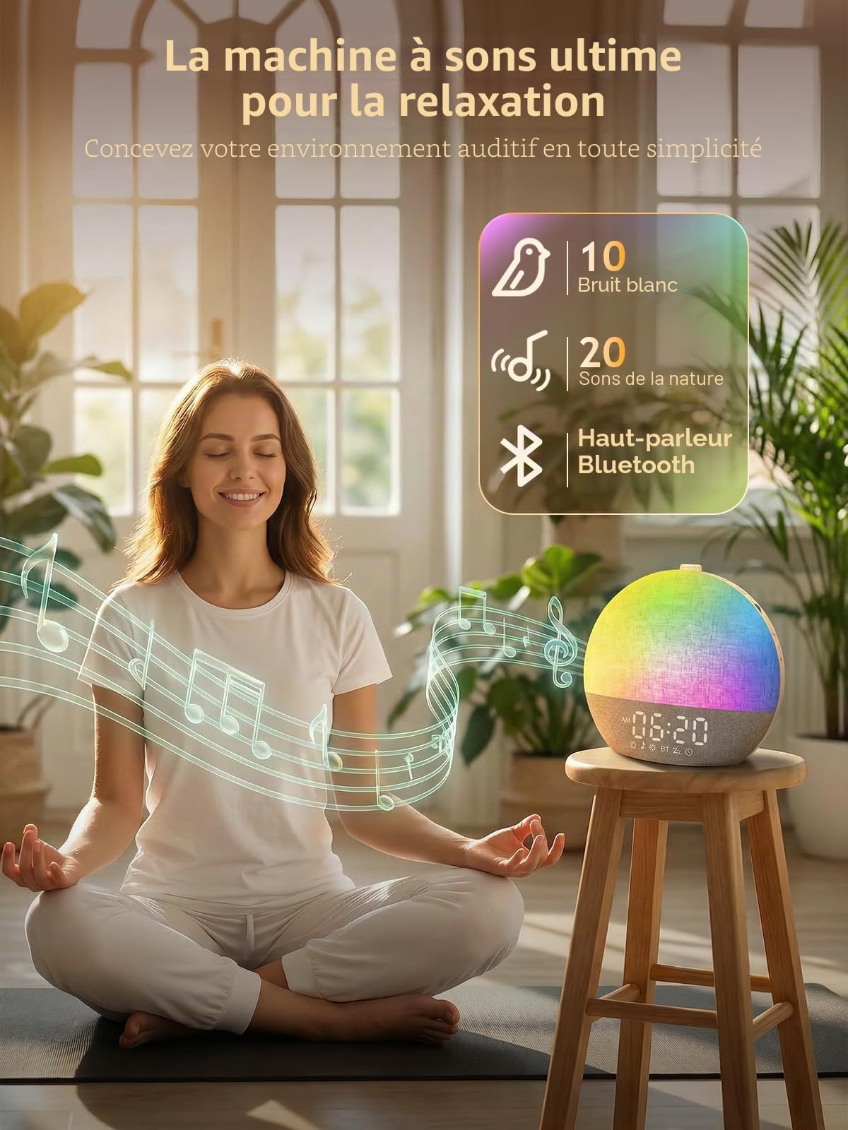 Reveil Lumineux, Simulateur D'Aube Fluorescente Avec Double Alarme Et Fonction Snooze 20 Niveaux De Luminosité Et 7 Couleurs 7 Bruits Blancs RéVeil Lumineux