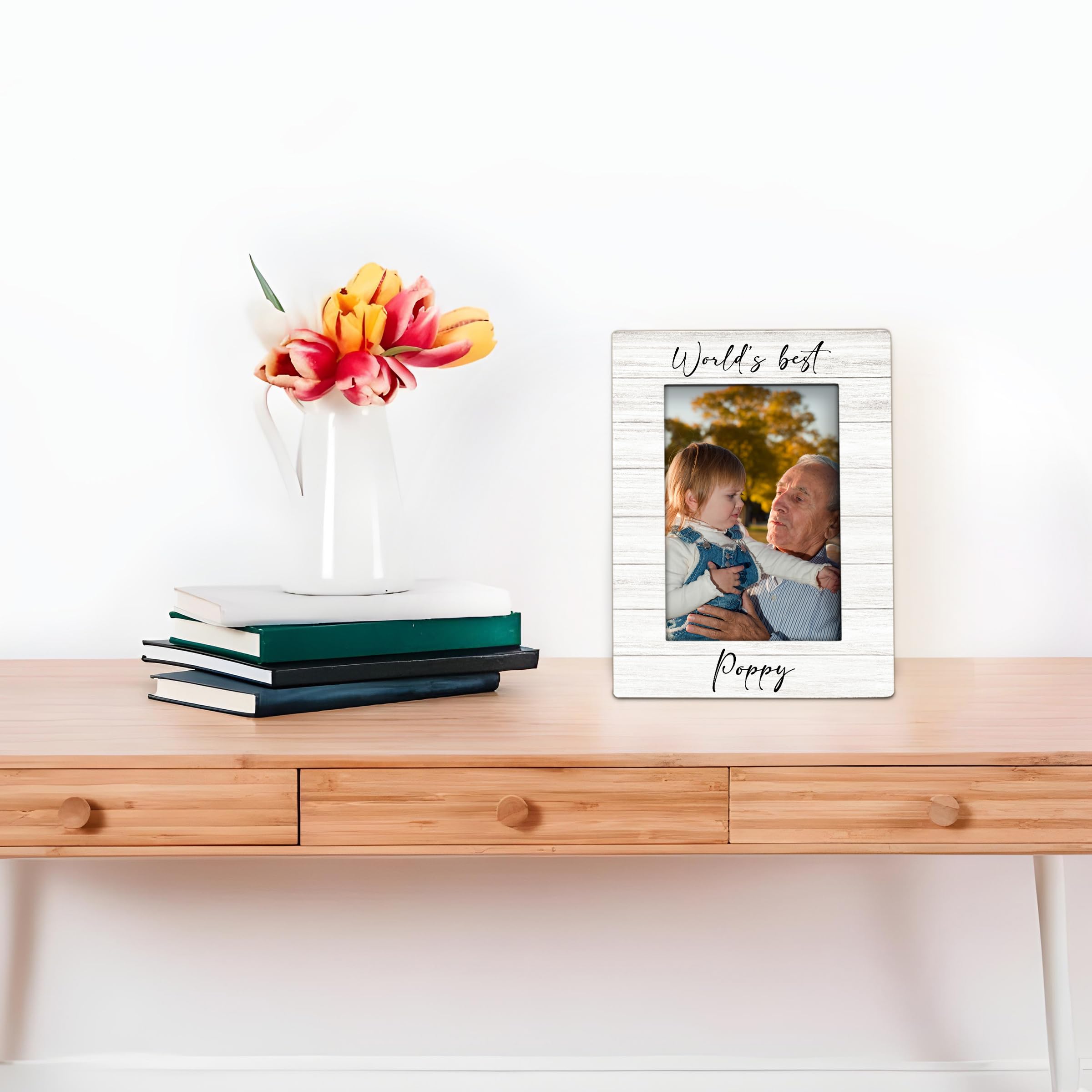 Poppy Gifts Picture Frame 4x6, Grandpa Wooden Picture Frame, Christmas Fathers Day Birthday Gift for Poppys from Grandkids, World's Best Poppy Decorative Photo Frames for Table Desk Decor