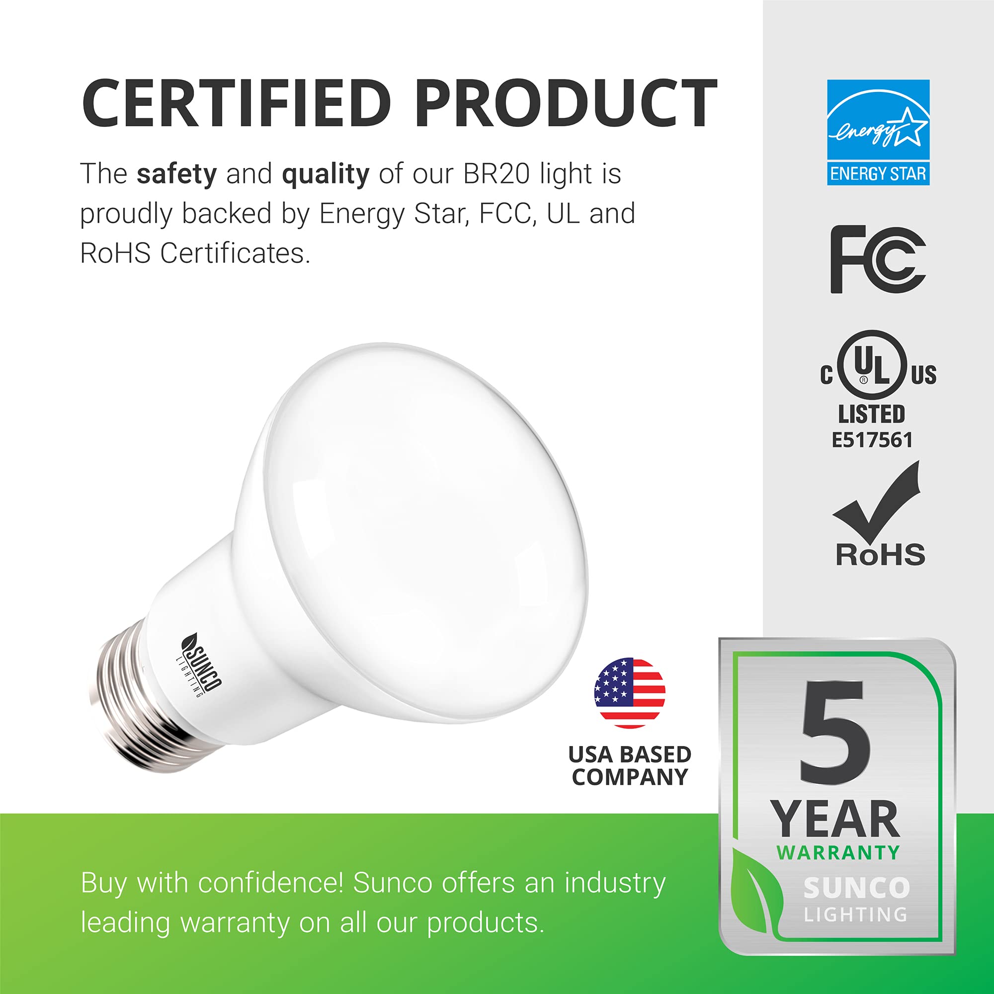 Sunco BR20 Bombilla LED regulable, pequeñas bombillas de iluminación empotradas, mini luz de inundación R20 para interiores, 550 LM, 7 W (equivalente a 50 W), 2700 K blanco suave, base E26, luz de 6