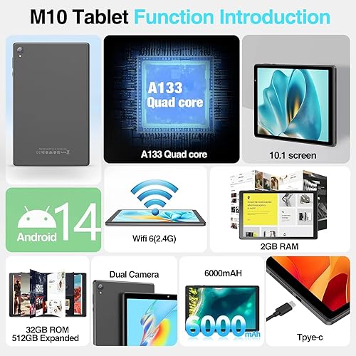 Vista 2 de Tablet de 10 Pulgadas Android 14 Tablet PC, Tabletas con 32GB ROM 512GB Expandible, Procesador Quad Core, WiFi 6, Pantalla IPS HD de 10.1'', Batería