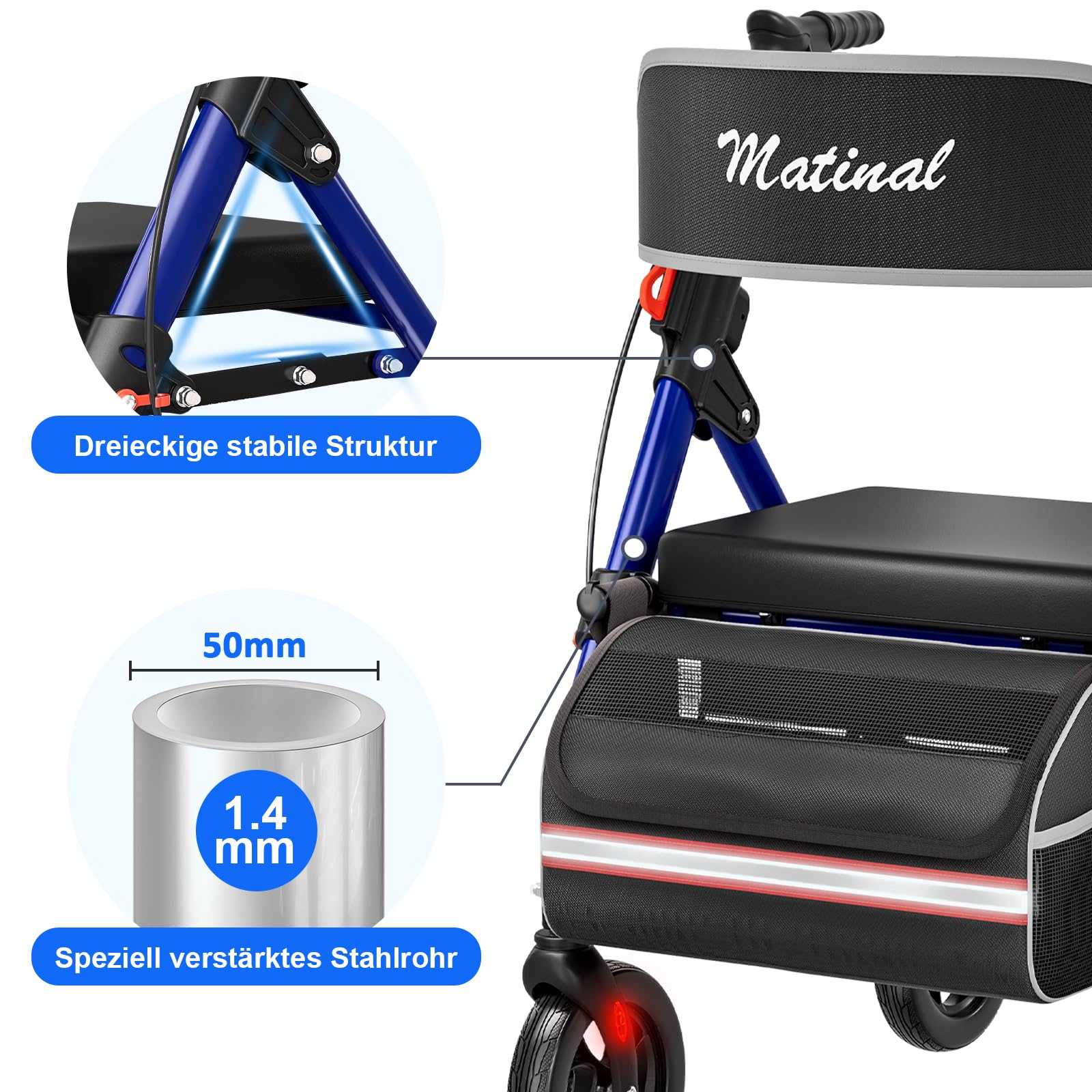 Andador plegable y ligero con asiento, andador para personas mayores de hasta 160 kg, con ruedas de 8 pulgadas y dirección de 360°, altura regulable en 6 posiciones, adecuado para uso diario