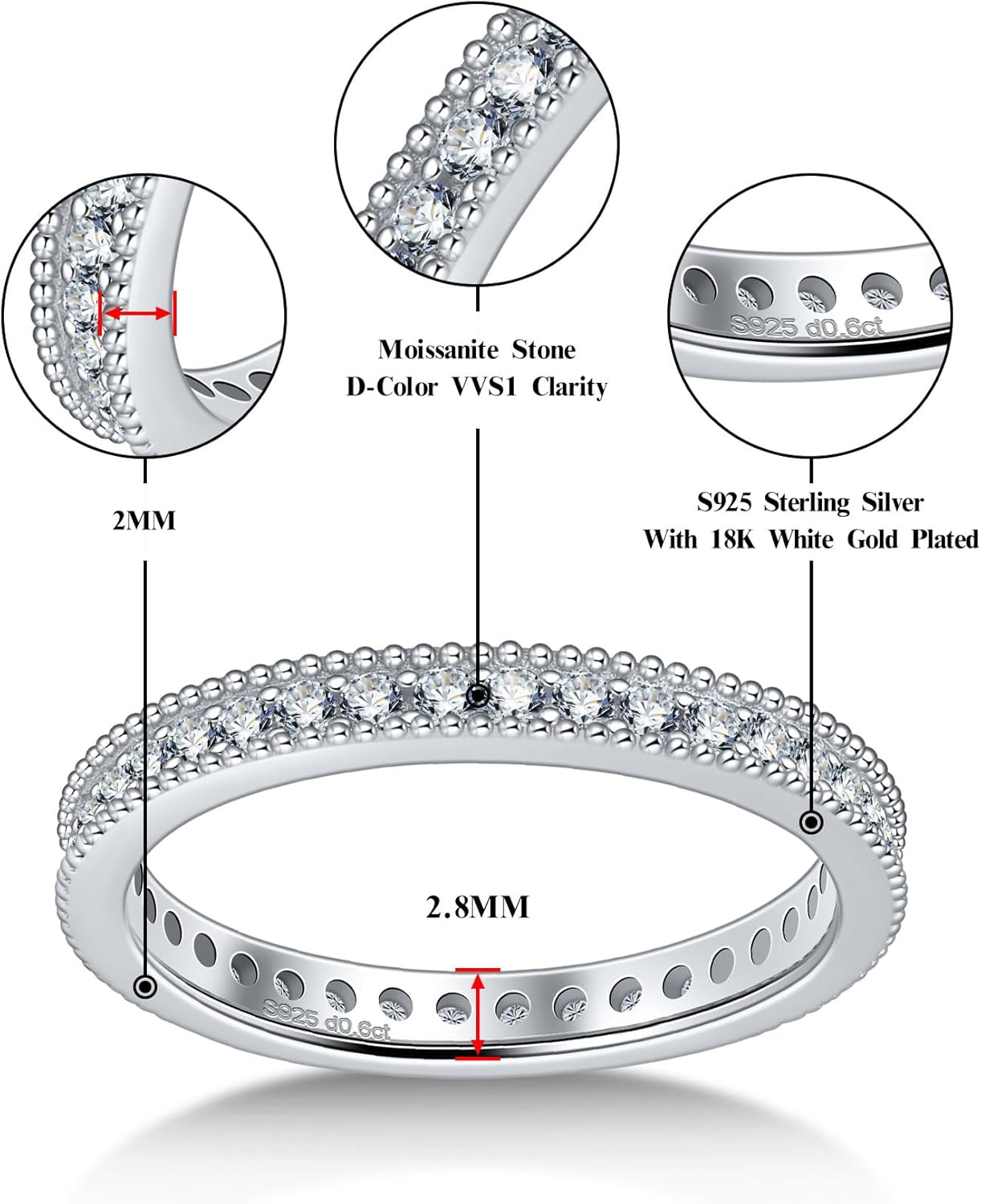 Moissanite Wedding Band for Women Full Eternity Ring Channel Set Milgrain Stackable Engagement Ring D Color VVS1 925 Sterling Silver Anniversary Band Size 4-11 - Image 2