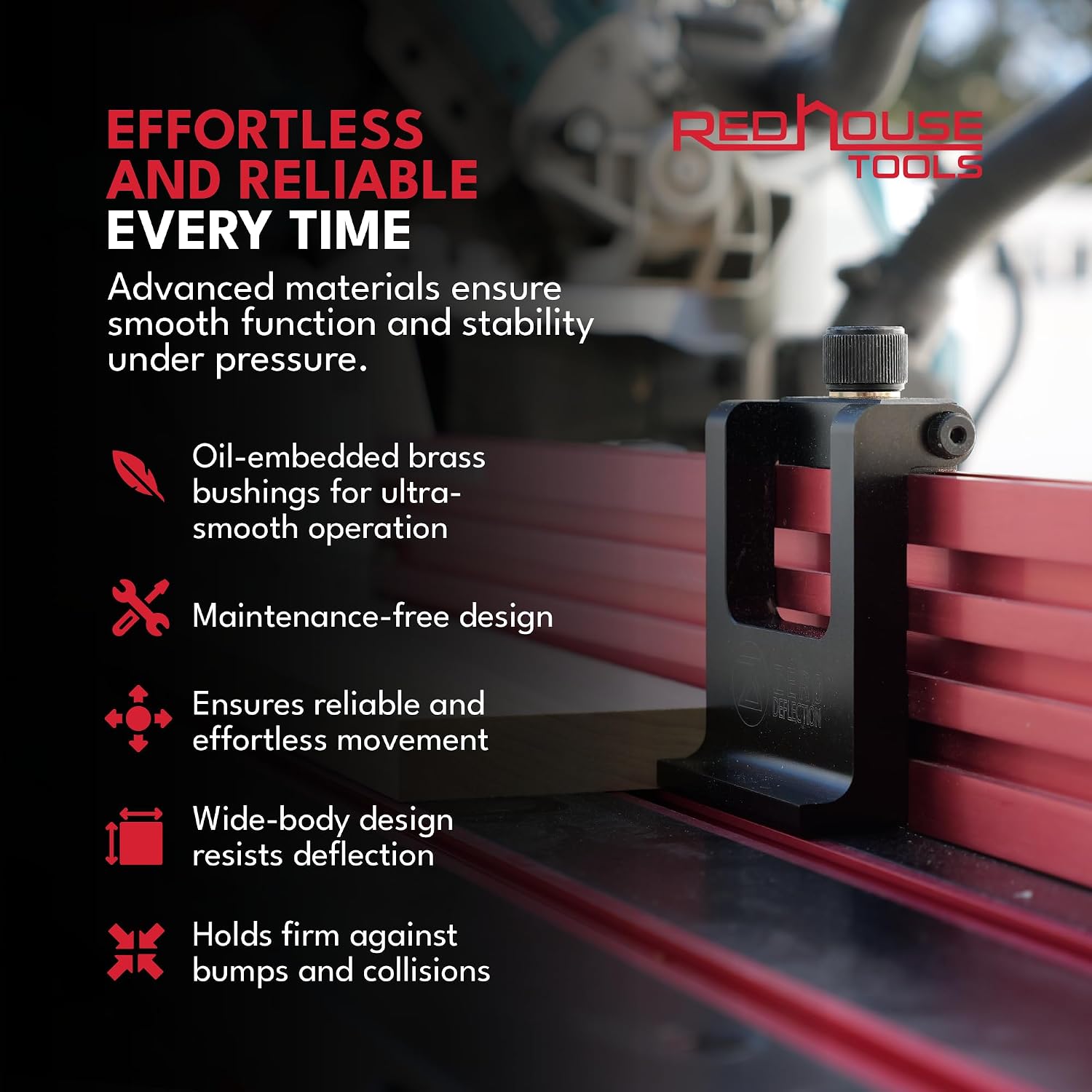 Zero Deflection 3" Flip Stop | Red House Tools | Miter Saw T-track Accessories | Tilting Woodworking Saw Stop, Adjustable Flip Down that Glides | Lower lip and lock screw