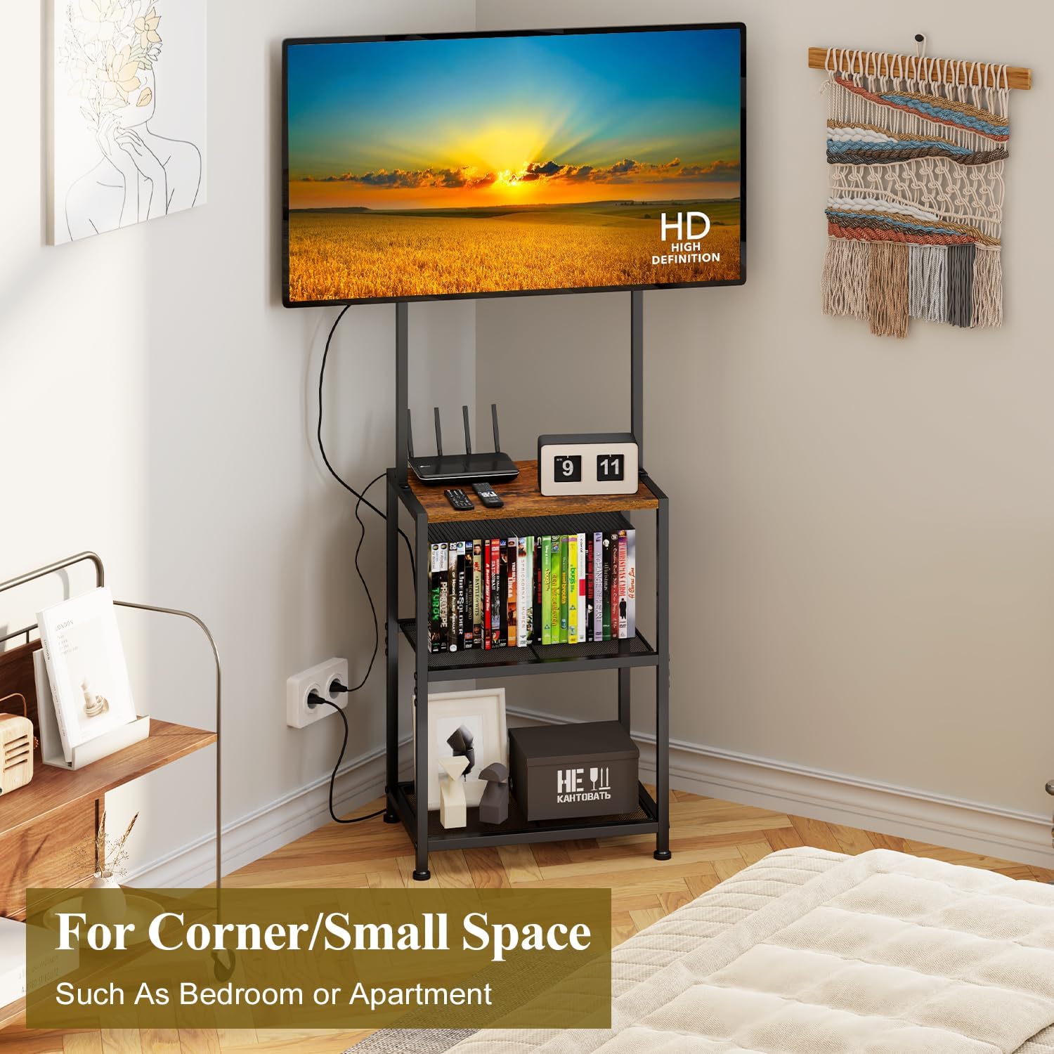 14 Inch to 42 Inch Small Corner TV Stand for Bedroom With 3 Tiers Storage Shelves, Floor Universal Television Stand With Mount For 40 Inch 32 Inch TV,Brown TV Table Shelf With Adjustable Feet, Sturdy