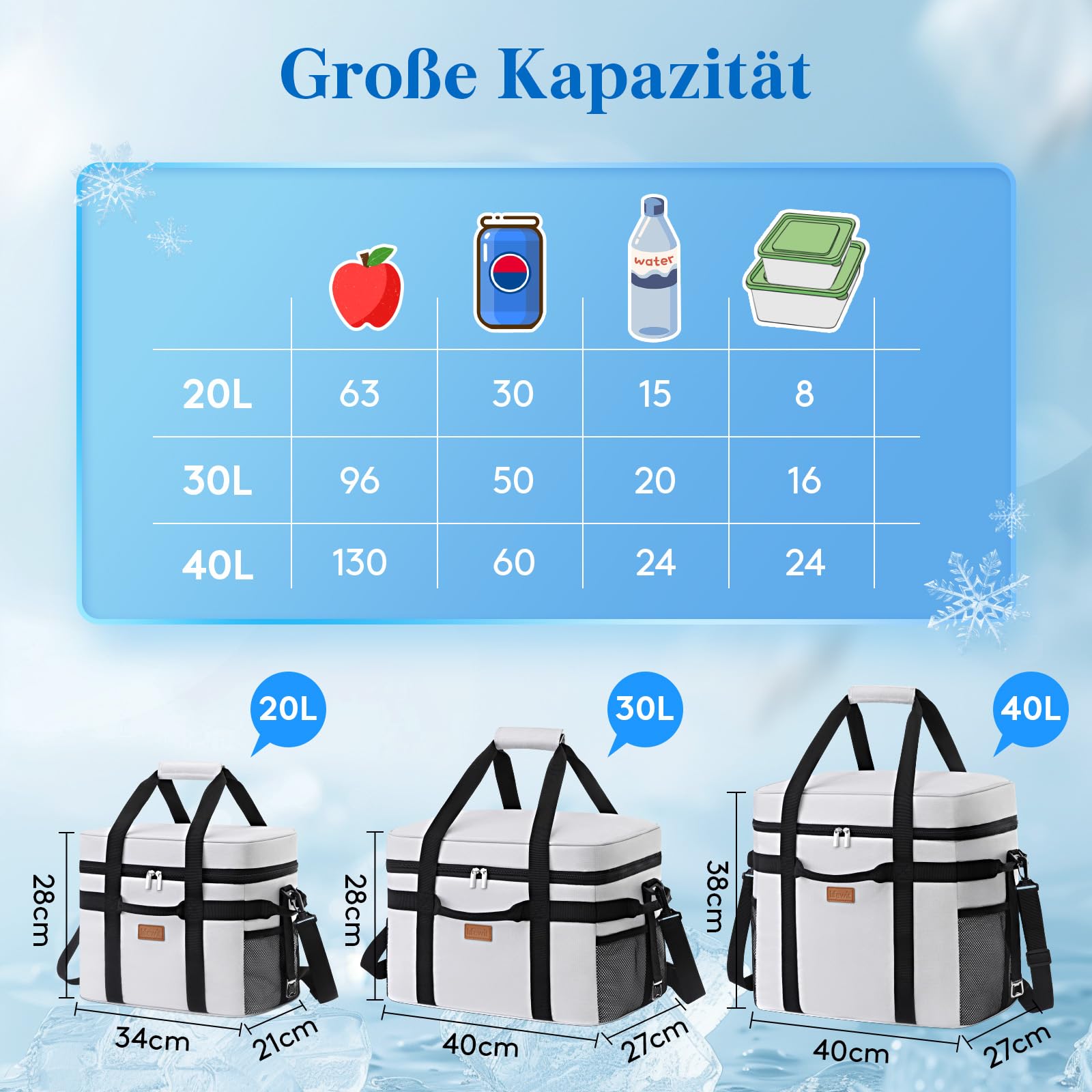 Lifewit Kühltasche 30L 50 Dosen, Faltbar Picknicktasche für Essen & Getränke, Kühlbox Tragbare Eistasche für Männer, Frauen, Isolierte Thermotasche für die Arbeit, Picknicks, Camping, Seidengrau