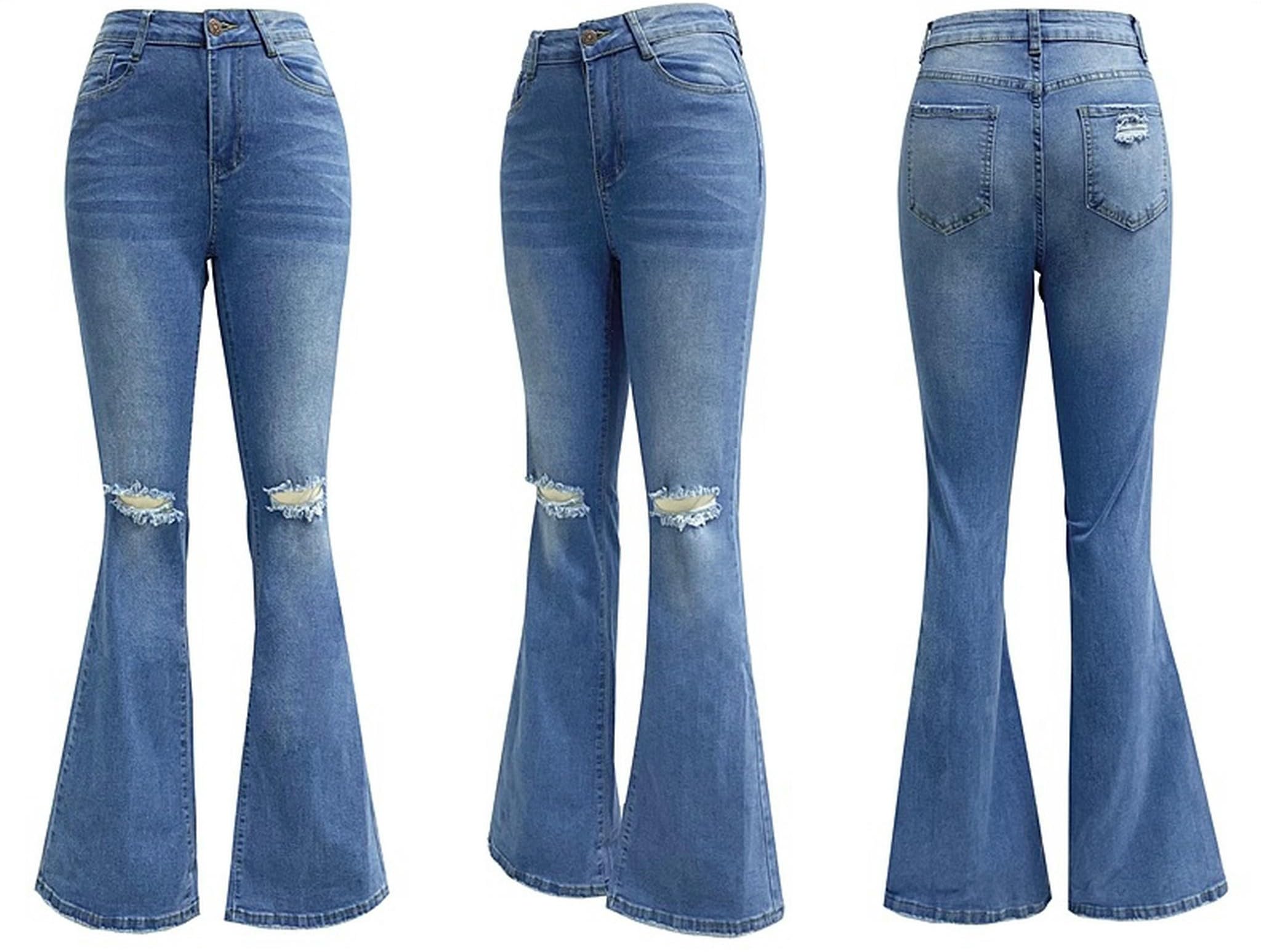 Jeans da Donna Svasati Strappati alla Moda, in Ad Alta Elastica E Estiva-Blu-XXL