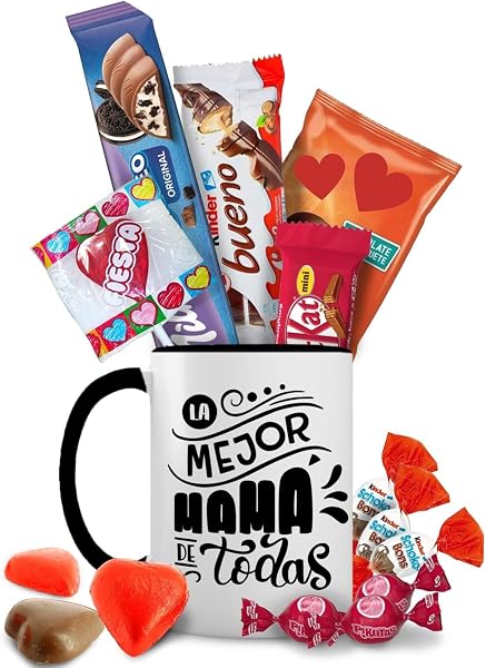 Taza Regalo Día de la Madre con de +14 Chocolates - Regalo Original con Chocolatinas Kinder,Milka,Kit-Kat y Chucherías - "La Mejor Mamá de Todas" - 1