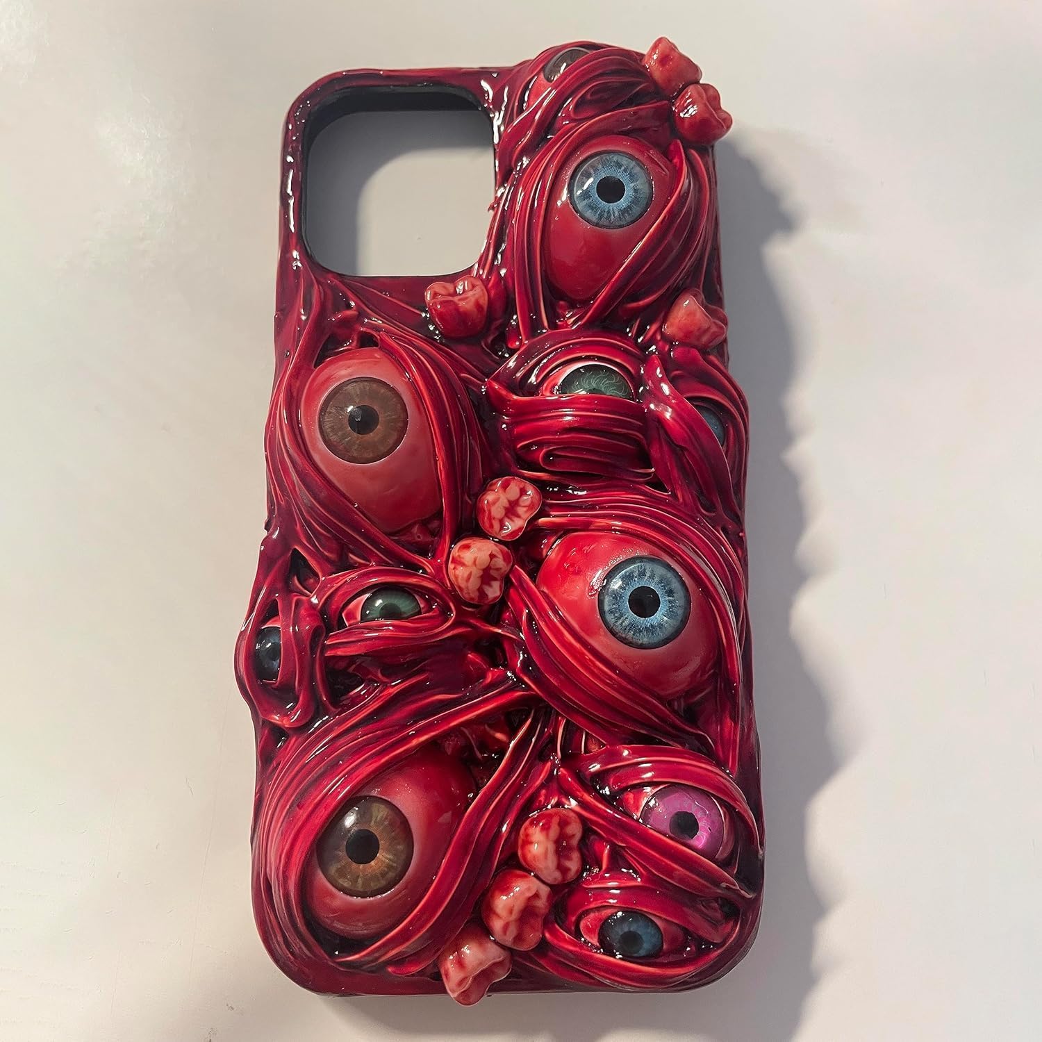 Scary Horror Phone Case - Compatible with iPhone 16 - Creepy 3D Eyes Blood Teeth - Gothic Halloween Case - Red