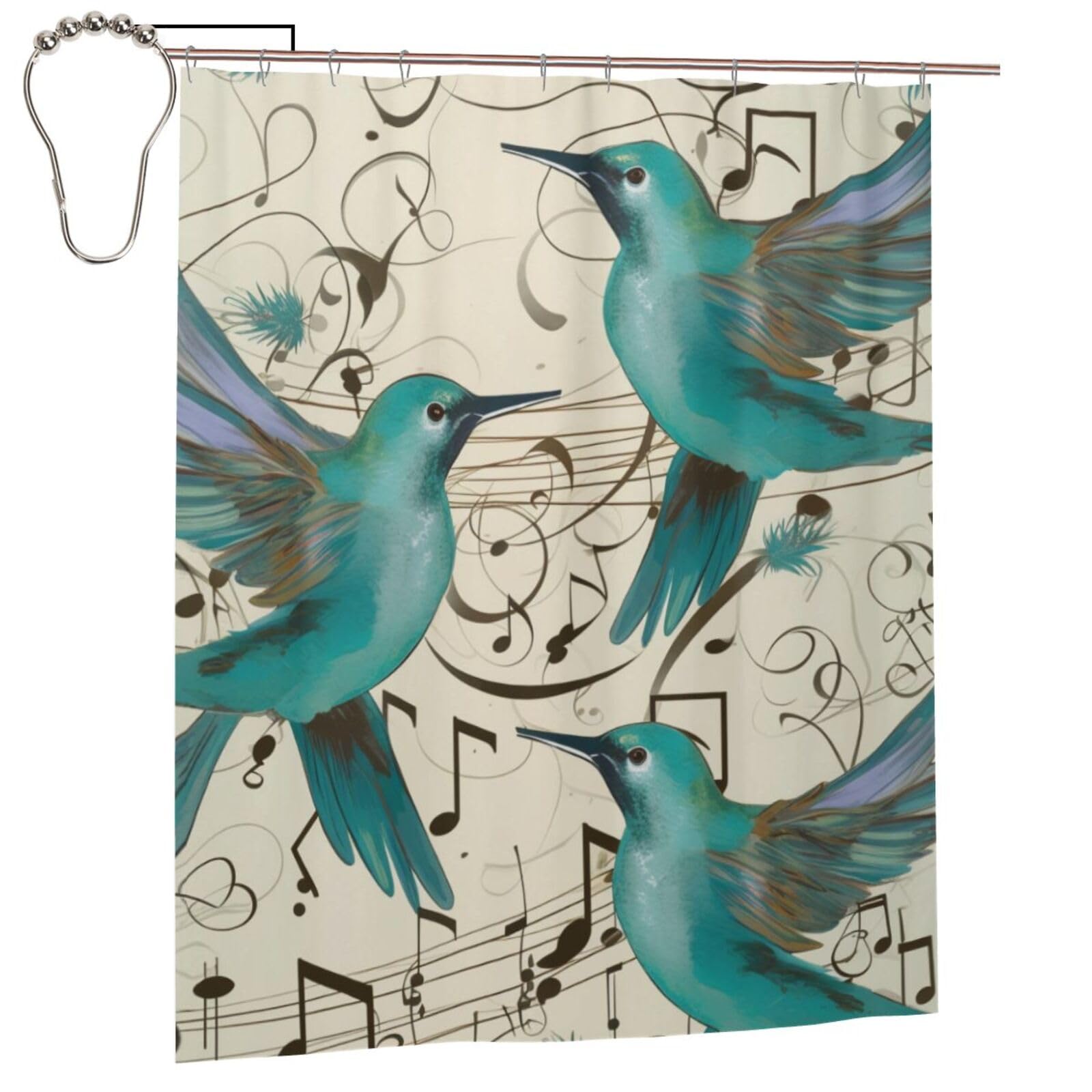 BWWHCCTI Teal Birds Musical Note Printed Shower Curtain With 12 Iron Hooks Opaque Quick Drying Waterproof Shower Curtains Sets For Bathroom 152x183 Cm