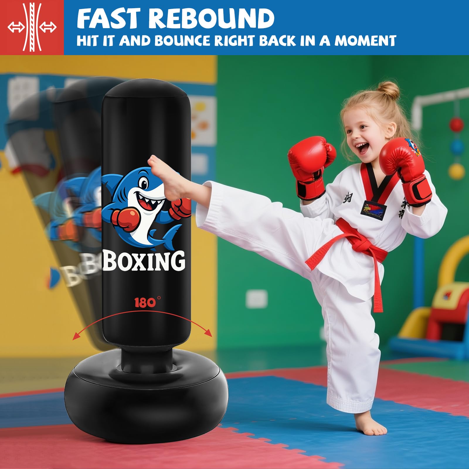 Qoosea Sacco da Boxe per Bambini 3-8 Anni, 130cm Stabile Sacco da Boxe Gonfiabile con Guanti da Boxe, Pratica di Taekwondo Karate Attrezzatura da Allenamento MMA, Regalo per Ragazzi Ragazze