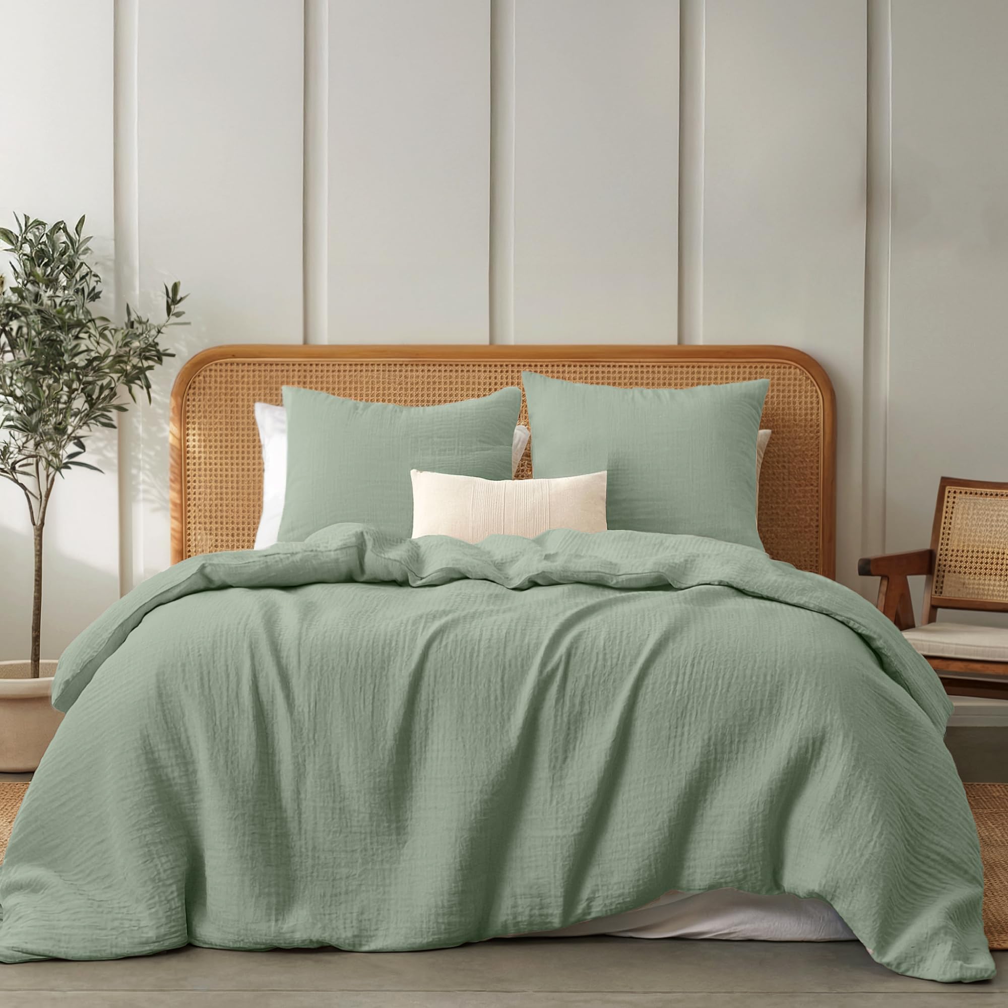 Dreamzie Musselin Bettwäsche 220x240 cm aus 100% Baumwolle – Bettwäsche Set mit 1 Bettbezug und 2 Kissenbezügen 80x80 cm – Oeko-Tex Bettwäsche mit Reißverschluss – Grün