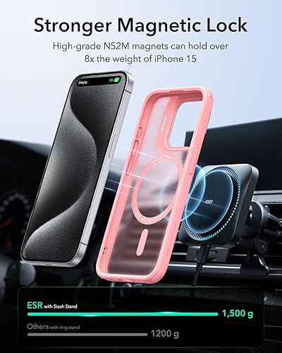Vista 572 de ESR - Funda para iPhone 15 compatible con MagSafe, funda protectora de grado militar con soporte integrado, cubierta trasera resistente a
