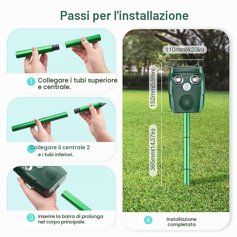 Repellente Gatti, Ultrasuoni per Topi, Solare Repellente per Topo Ultrasuoni per Animali, Serpente, Gatto, Piccioni, Conigli, Scoiattolo, Topo, per Giardino e Cortile