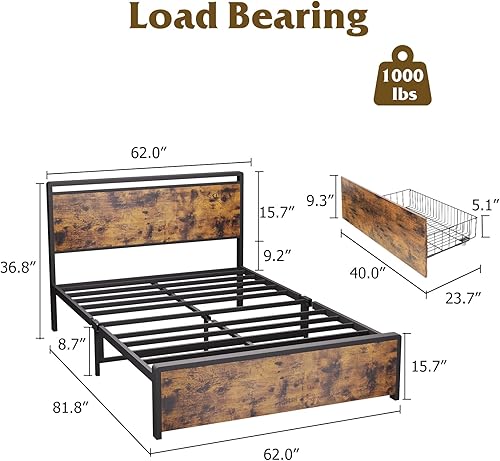 Miniatura 9 de coucheta Marco de cama tamaño Queen con 4 cajones de almacenamiento, marco de cama de madera y metal, no necesita somier, sueño sin ruido (Queen)