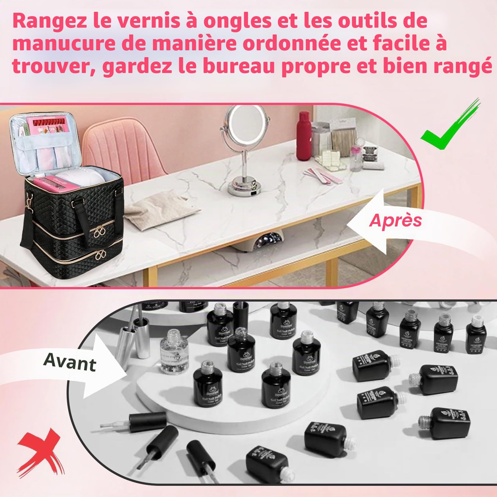 Rangement Vernis a Ongle, Organisateur de Vernis à Ongles à 3 étages pour 84 Flacons de Vernis à Ongles et 1 Lampe LED, Mallette Pratique avec Poignée et Bandoulière pour Accessoires de Manucure