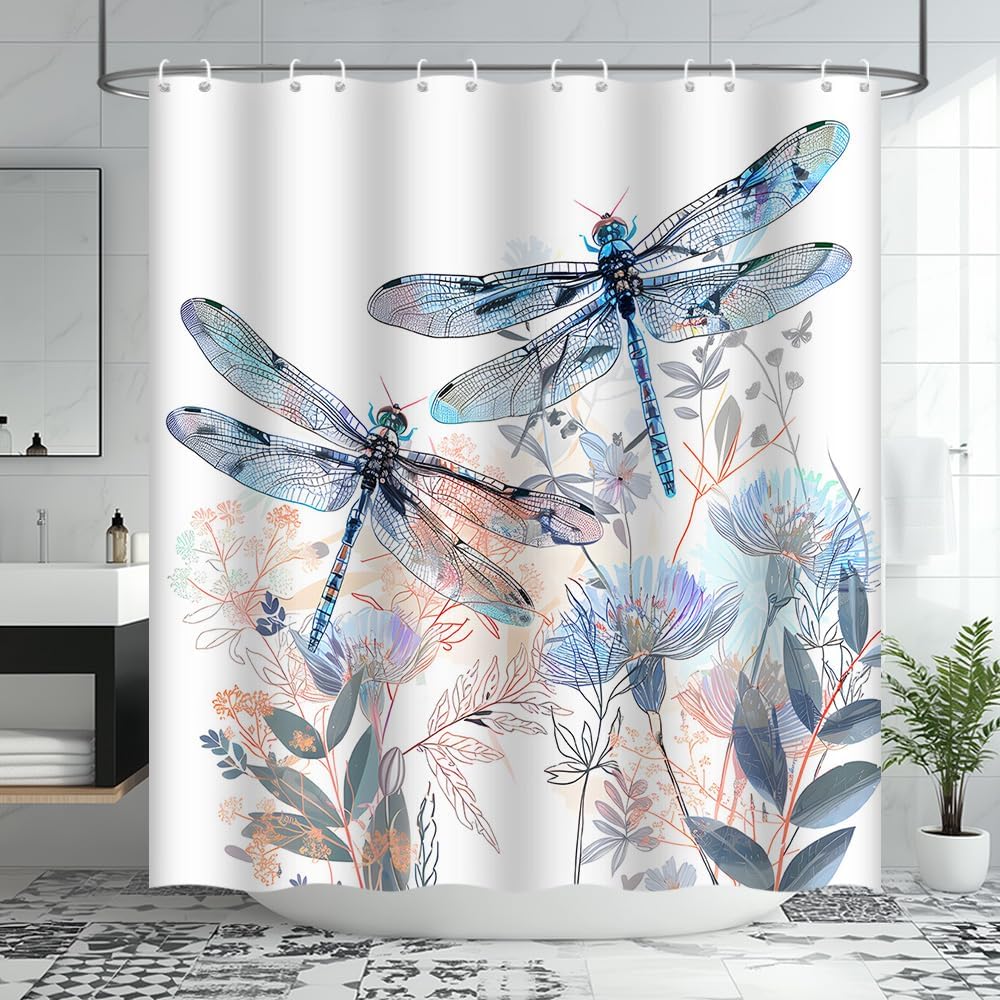 Dragonfly Shower Curtain Abstract Flowers Leaves Nature Animals Botanical Women Girls Fabric Bathroom Curtain with Hooks, 86Wx70H