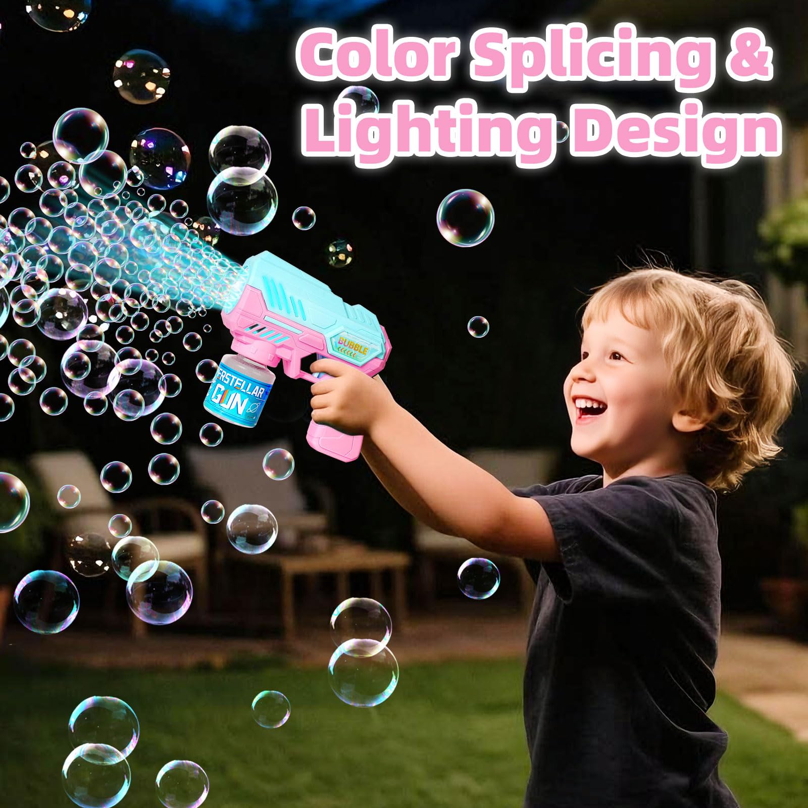 Pistola de Burbujas, Burbujas de Jabon Niños Juego de 2 Piezas - 20 Paquetes de Líquido de Burbujas, Diseño de Colores Combinados, con luz LED, Completamente Automático