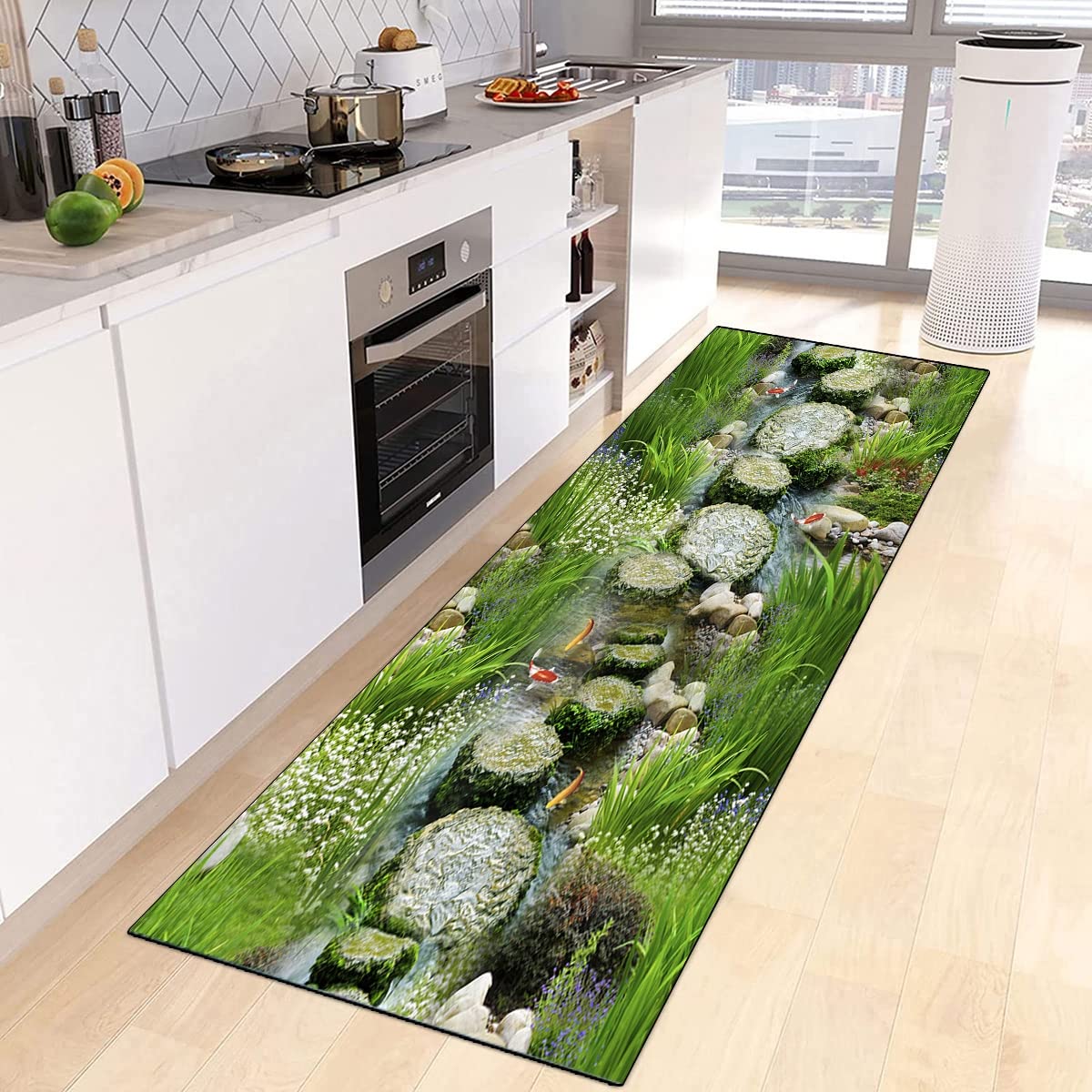 Teppich Läufer Flur rutschfest Küchenläufer Waschbar 3D Druckmuster 60X160CM Grün Korridor Teppichläufer Lang Küchenteppich Für Küche Wohnzimmer Schlafzimmer Teppichläufer Meterware Anpassbar