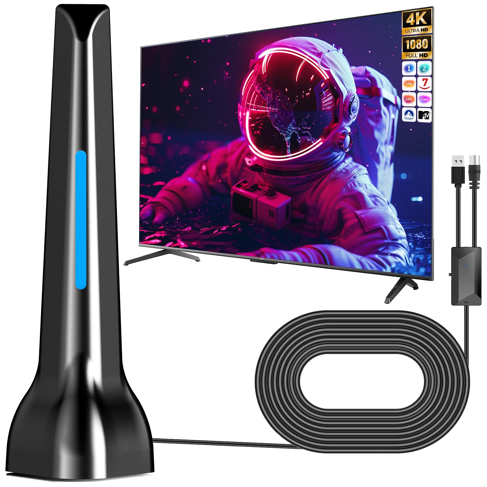 Antenne TV intérieure avec amplificateur réception 360° longue distance, antenne TV portable avec base magnétique, compatible avec 4K 1080P DTMB DVB-T2 DVB-T - Tous les téléviseurs