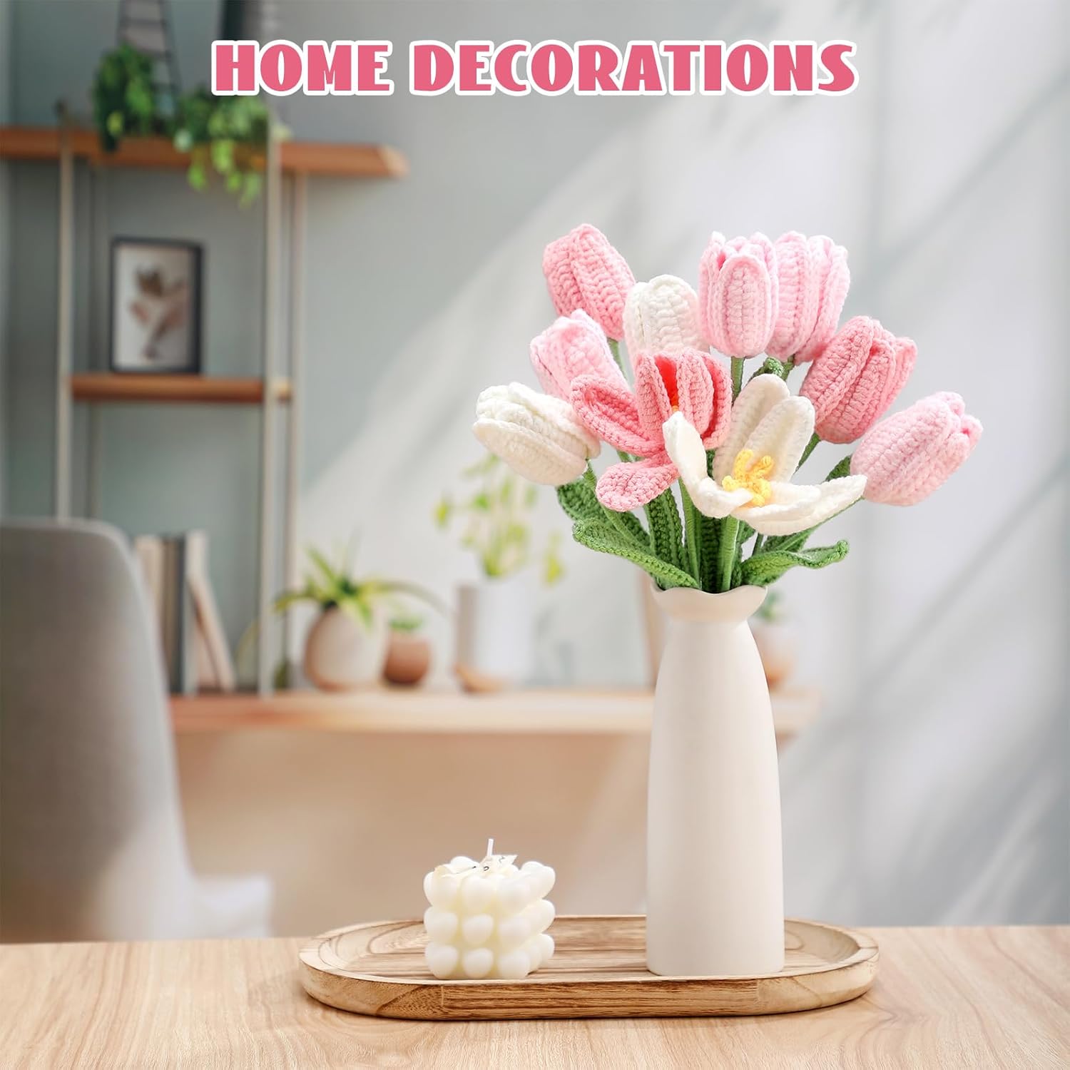 Shihanee 10 Pcs Tulip Crochet Flowers Bouquet Handmade Knitted Flower Decor Birthday Gifts for Mom Mother's Day Women Grandma Spring Home Vase Centerpiece, 13.7"(Pink, White)