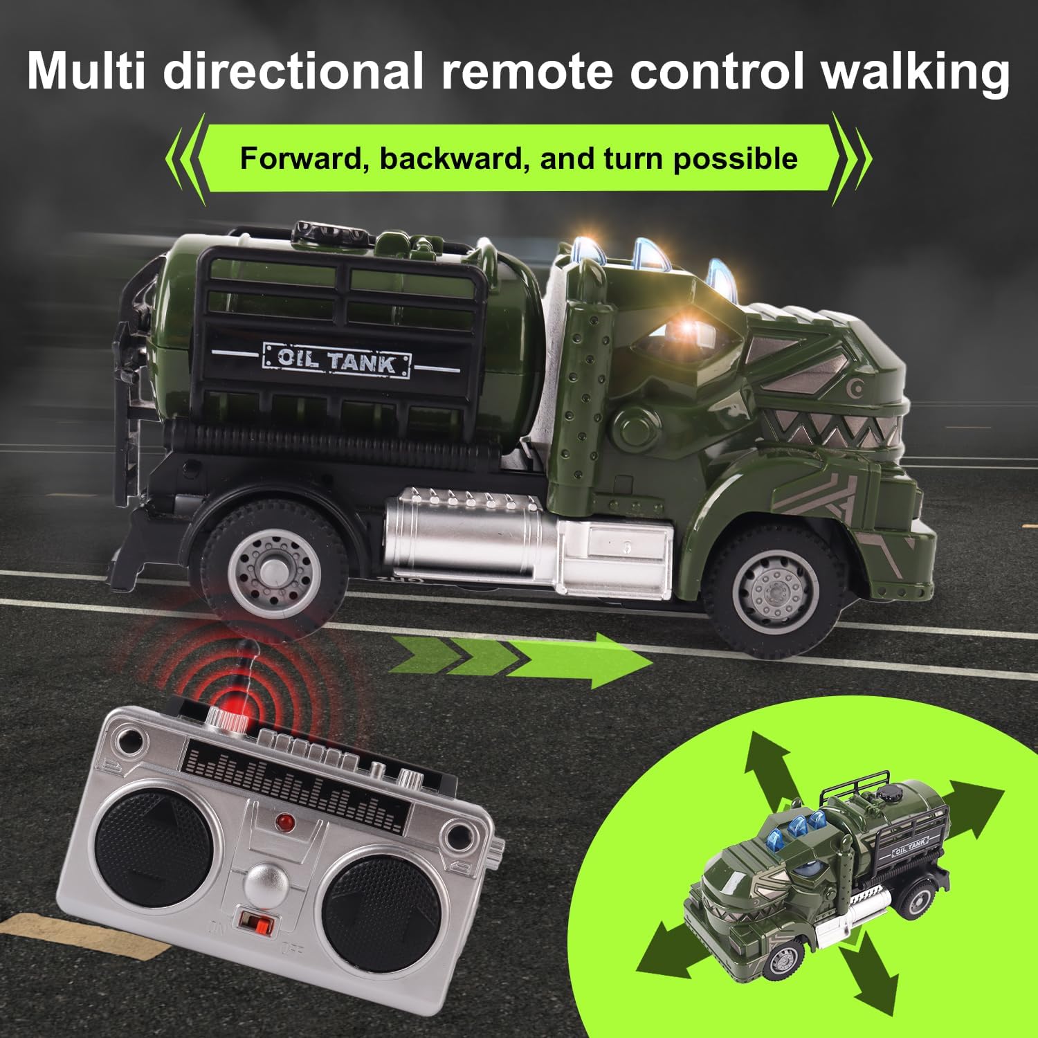 Multi Dinosaur Oil Tanker Military Truck Toy for Boys with Lights and Remote Control