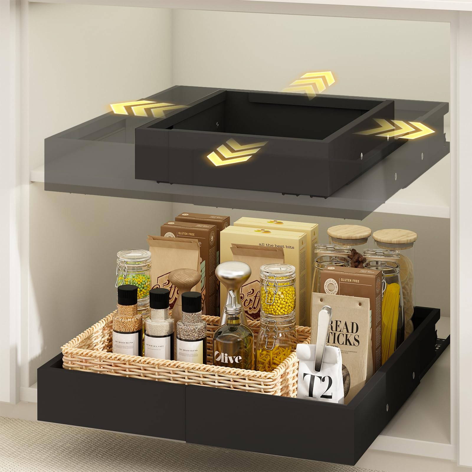 Mointal 2 Stück Kleine 4 Richtungen Teleskopschublade, Ausziehbare Schublade Küche, Verstellbare Breite 26–41 cm & Tiefe 33–42 cm, Metall Schrank-Schubladen-Organizer, Schraub/Klebemontage, Schwarz
