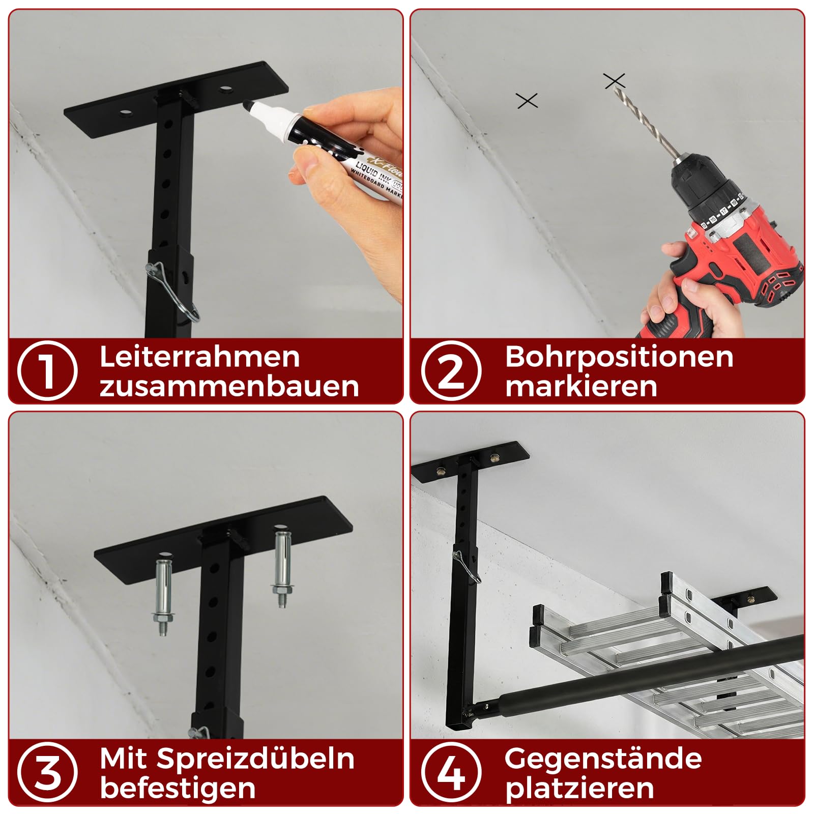 Deckenregal Hängeregal Höhenverstellbarer,2 Stück Verstellbares Überkopfleiterregal,dachbox wandhalterung aus Metall,Hängevorrichtung Tragkraft 40kg für Garage Decke Leiter Kajak,Schwarz