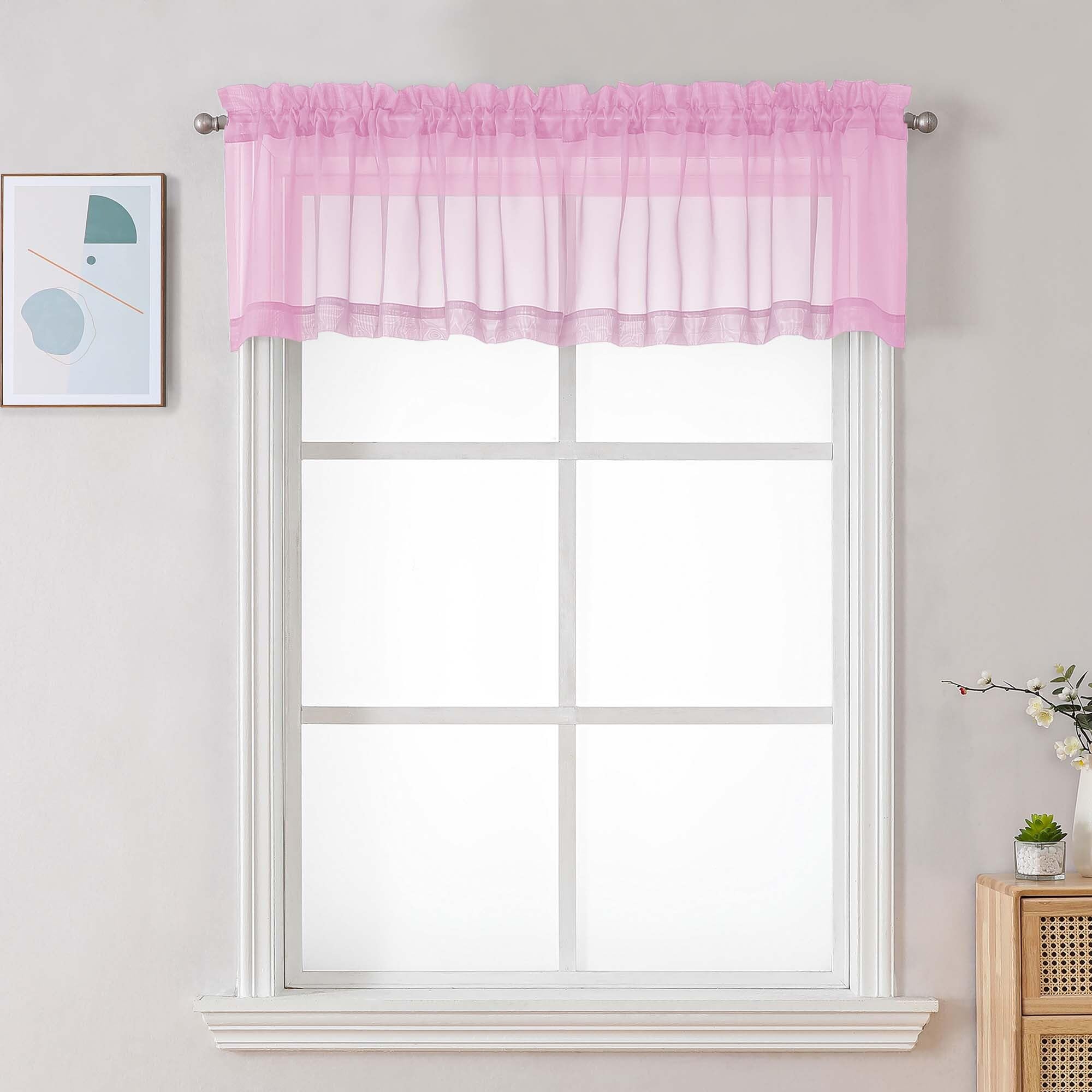 Chyhomenyc Pink Sheer Valances for Windows - Light Filtering Small Kitchen Curtains, Rod Pocket Short Top Window Treatment Decor for Living Room Bathroom Basement, 42Wx16L inches, 2 Panels
