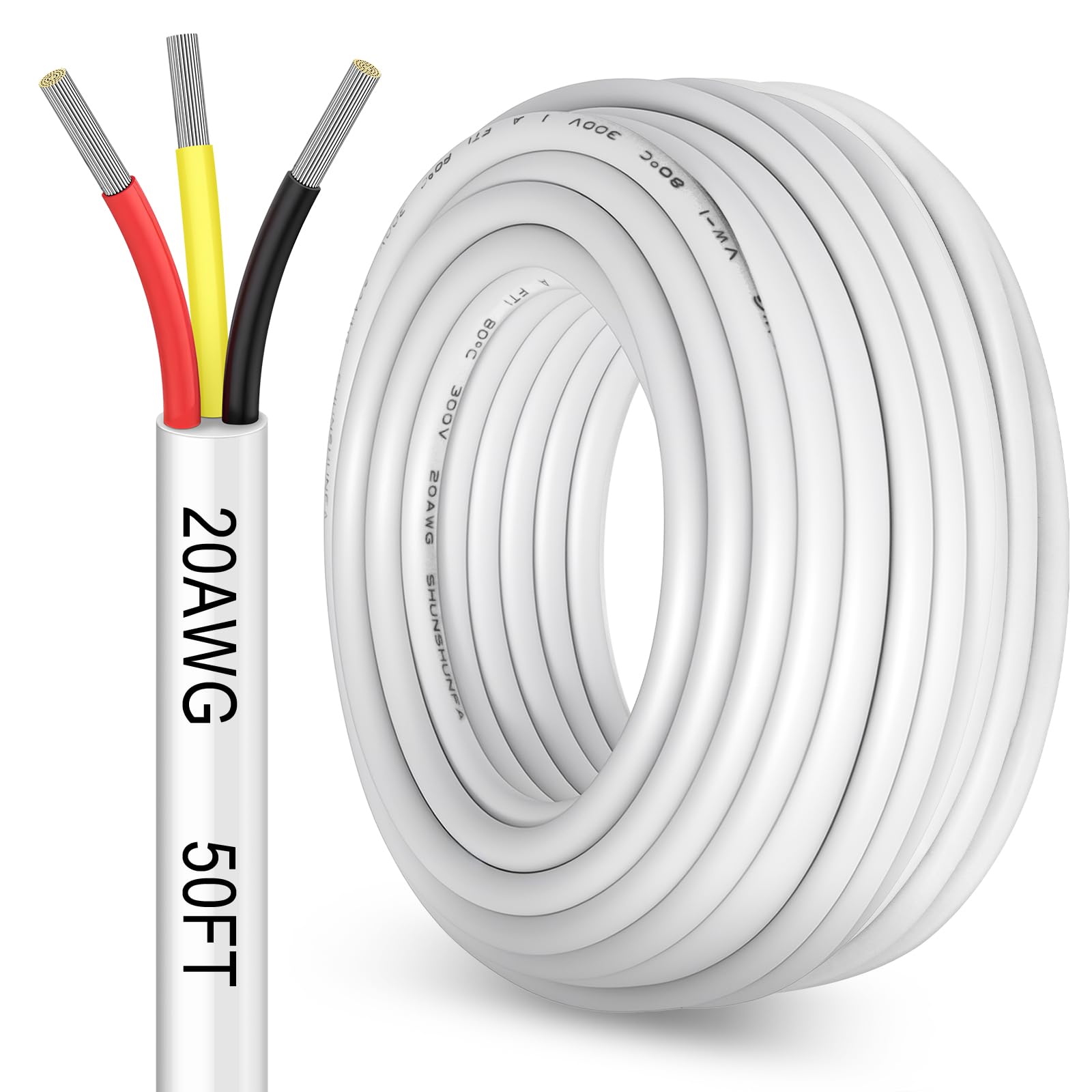 50FT 20 Gauge 3 Conductor Electrical Wire, 20AWG PVC Thermostat Wire, Low Voltage Landscape Wire for LED Lighting Strips Automotive Security Alarm Speaker, White