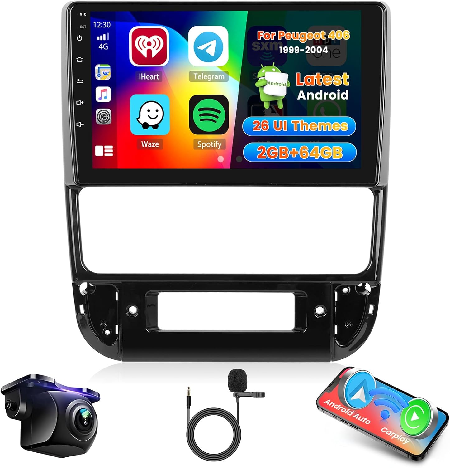 Hikity Android 13 Car Stereo main unit with included accessories: rear view camera, external microphone, and Carplay/Android Auto icon.