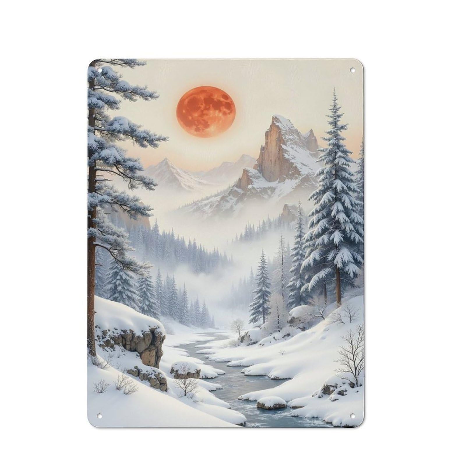 Junmoney Winter Landscape With Red Moon Decorative Metal Plaque 40X30cm, Garage Style Shed Wall Plaque For Workshop, Basement, Shed Or Games Room